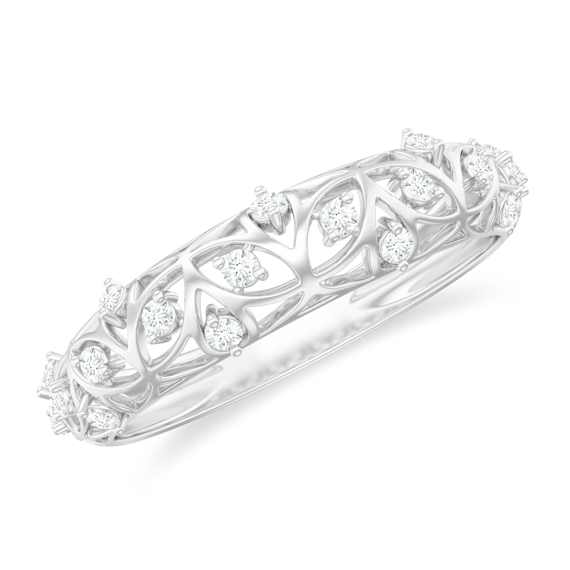 Round Moissanite Semi Eternity Band Ring with Gold Filigree Details Moissanite - ( D-VS1 ) - Color and Clarity - Rosec Jewels
