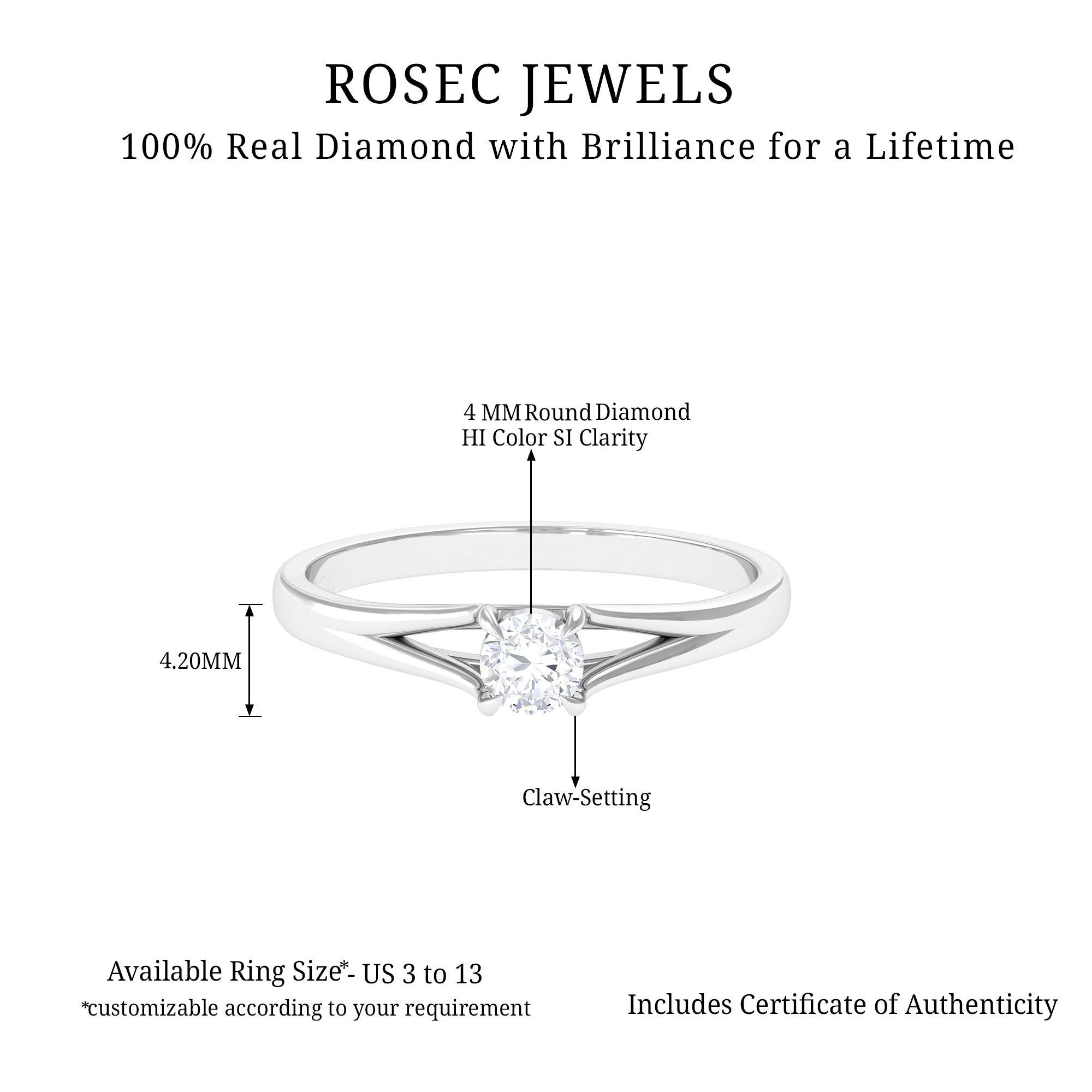 4 MM Diamond Solitaire Ring with Split Shank in Claw Setting Diamond - ( HI-SI ) - Color and Clarity - Rosec Jewels