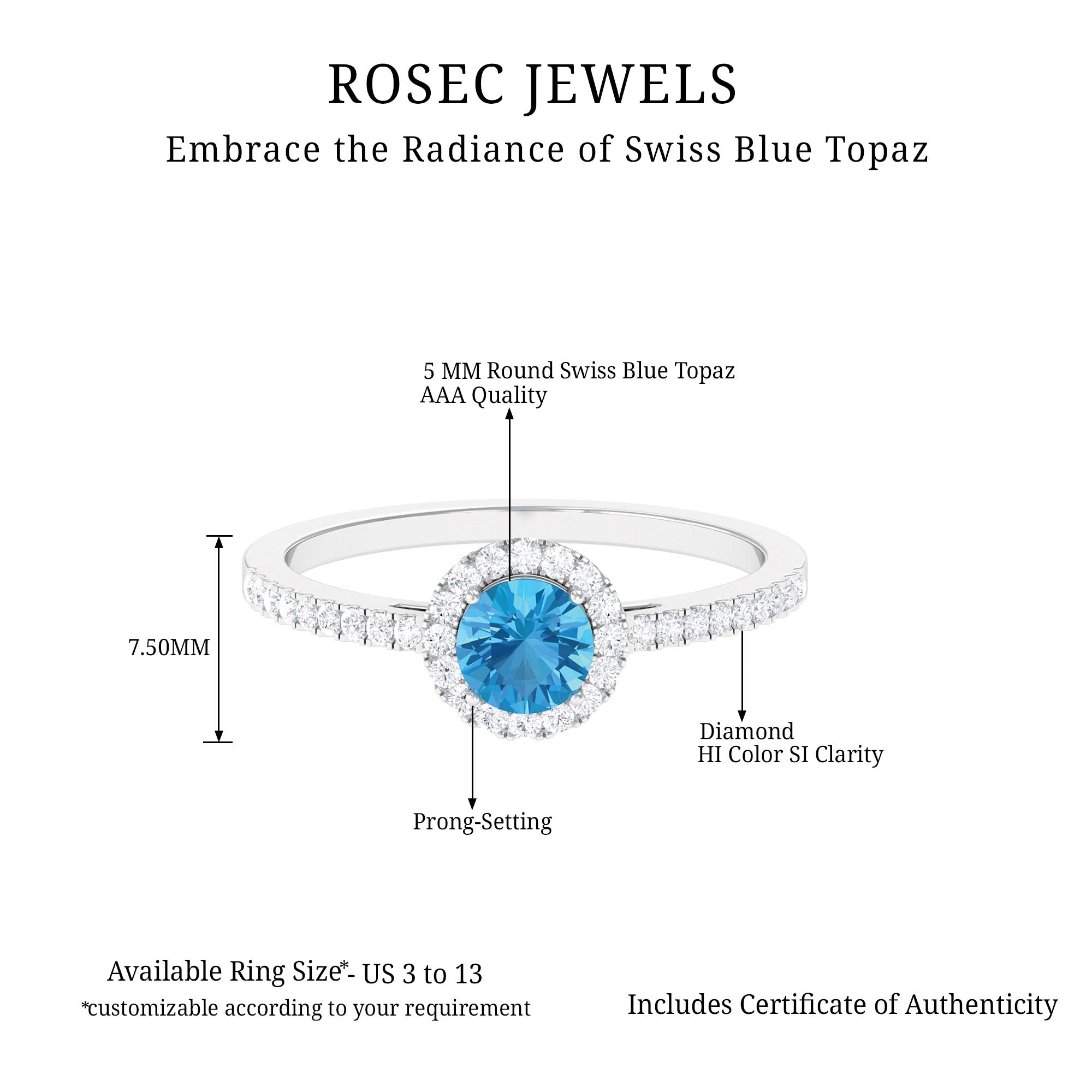 1 CT Swiss Blue Topaz Solitaire Ring with Diamond Accents Swiss Blue Topaz - ( AAA ) - Quality - Rosec Jewels