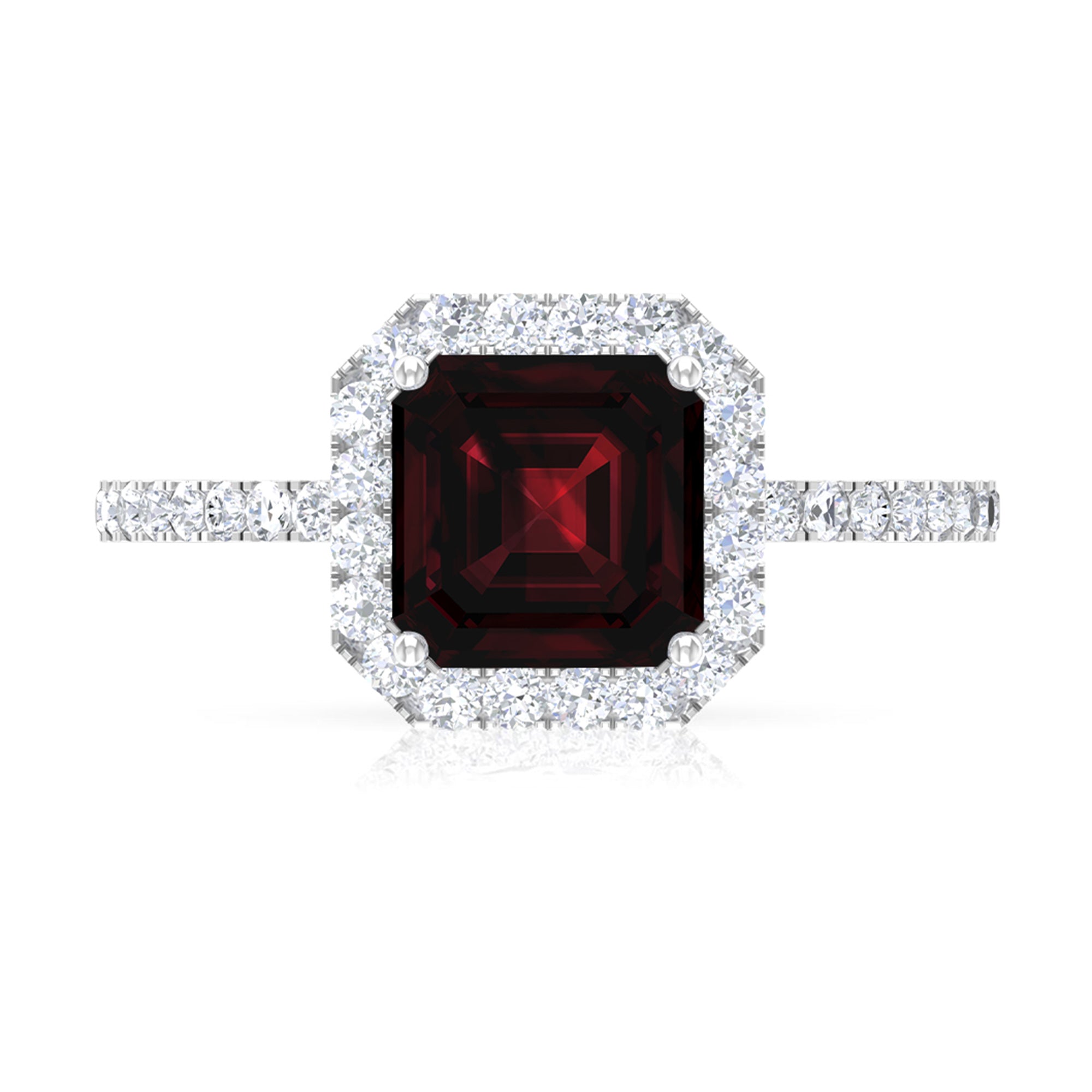 Asscher Cut Garnet Halo Engagement Ring with Diamond Garnet - ( AAA ) - Quality - Rosec Jewels