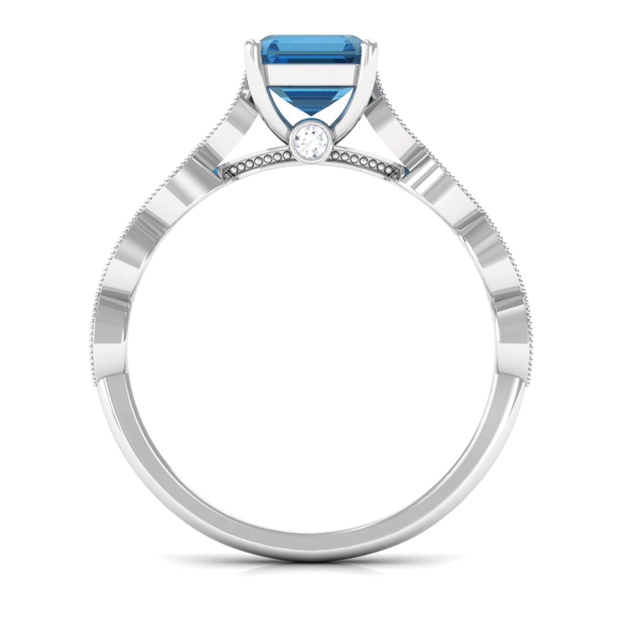 Asscher Cut London Blue Topaz Solitaire Ring with Diamond Side Stones London Blue Topaz - ( AAA ) - Quality - Rosec Jewels