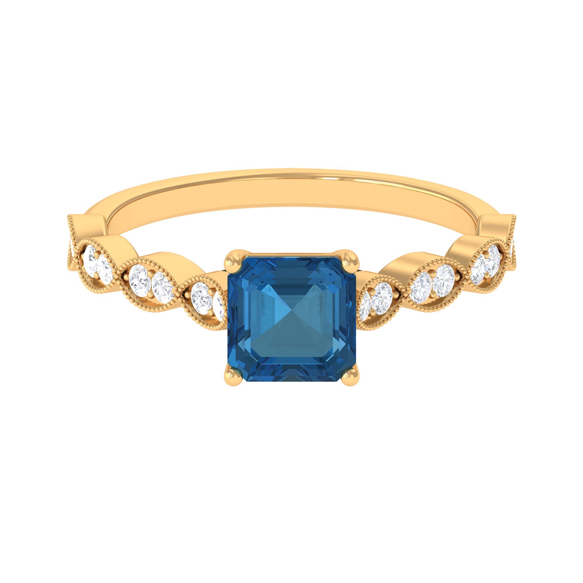 Asscher Cut London Blue Topaz Solitaire Ring with Diamond Side Stones London Blue Topaz - ( AAA ) - Quality - Rosec Jewels