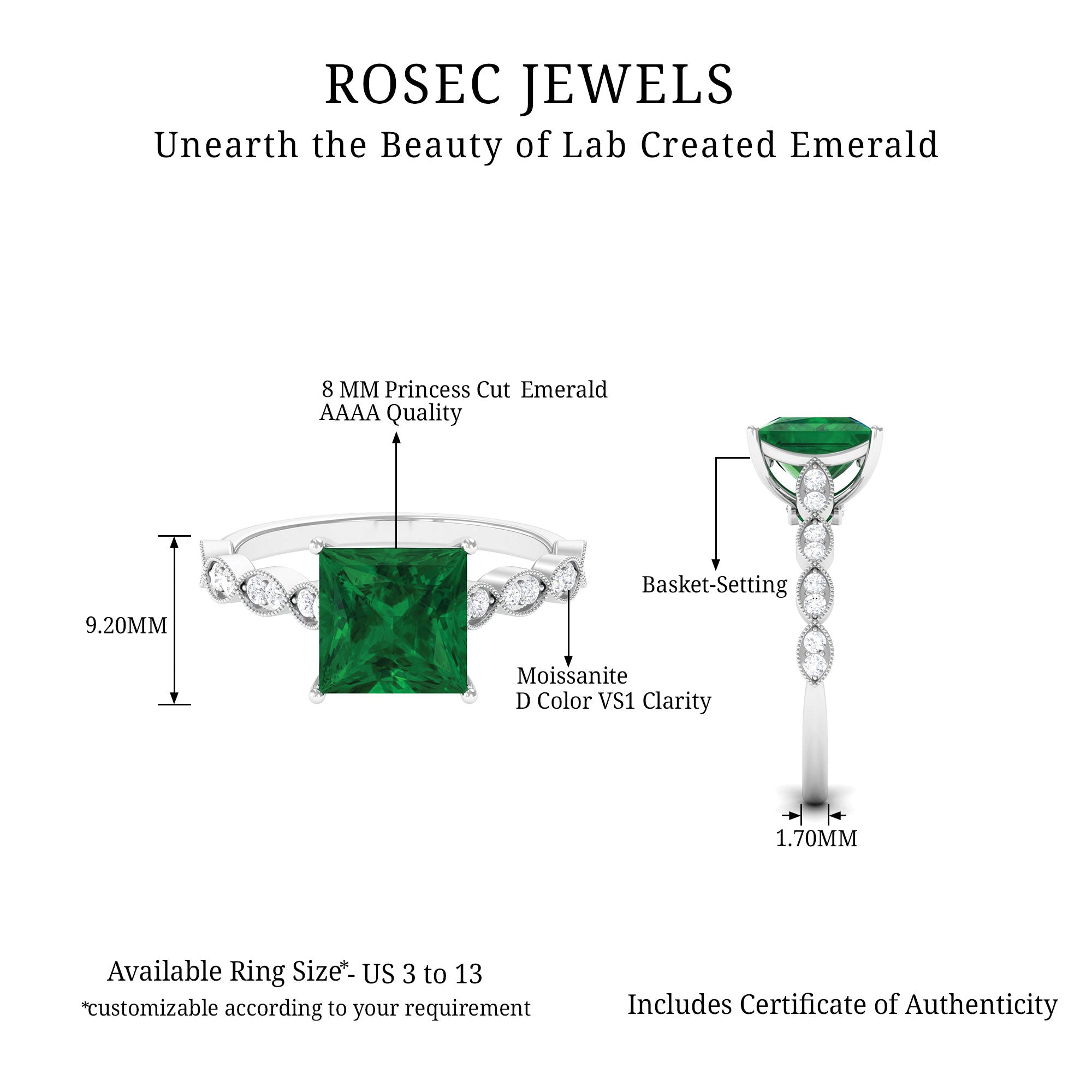 Princess Cut Created Emerald Solitaire Engagement Ring with Moissanite Lab Created Emerald - ( AAAA ) - Quality - Rosec Jewels