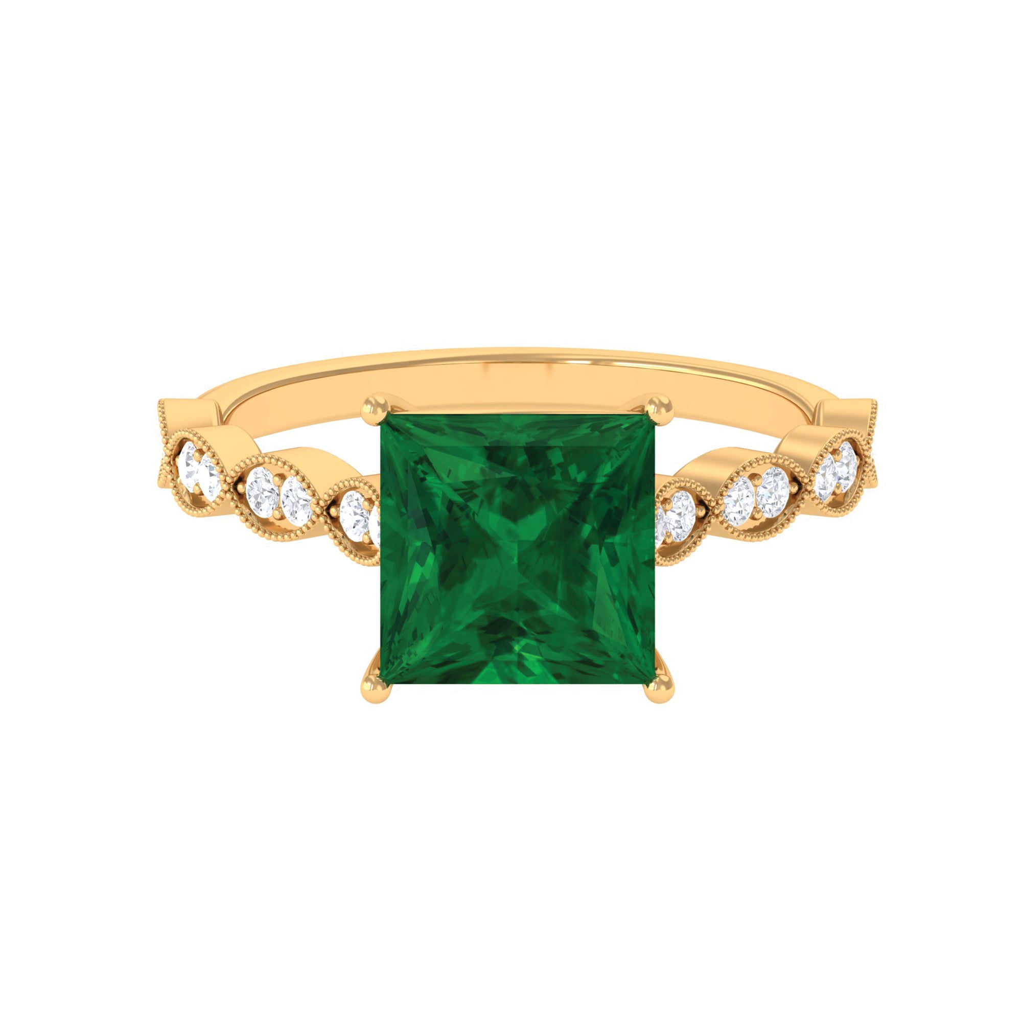 Princess Cut Created Emerald Solitaire Engagement Ring with Moissanite Yellow Gold Lab Created Emerald - ( AAAA ) - Quality 14K Yellow Gold 8 - Rosec Jewels