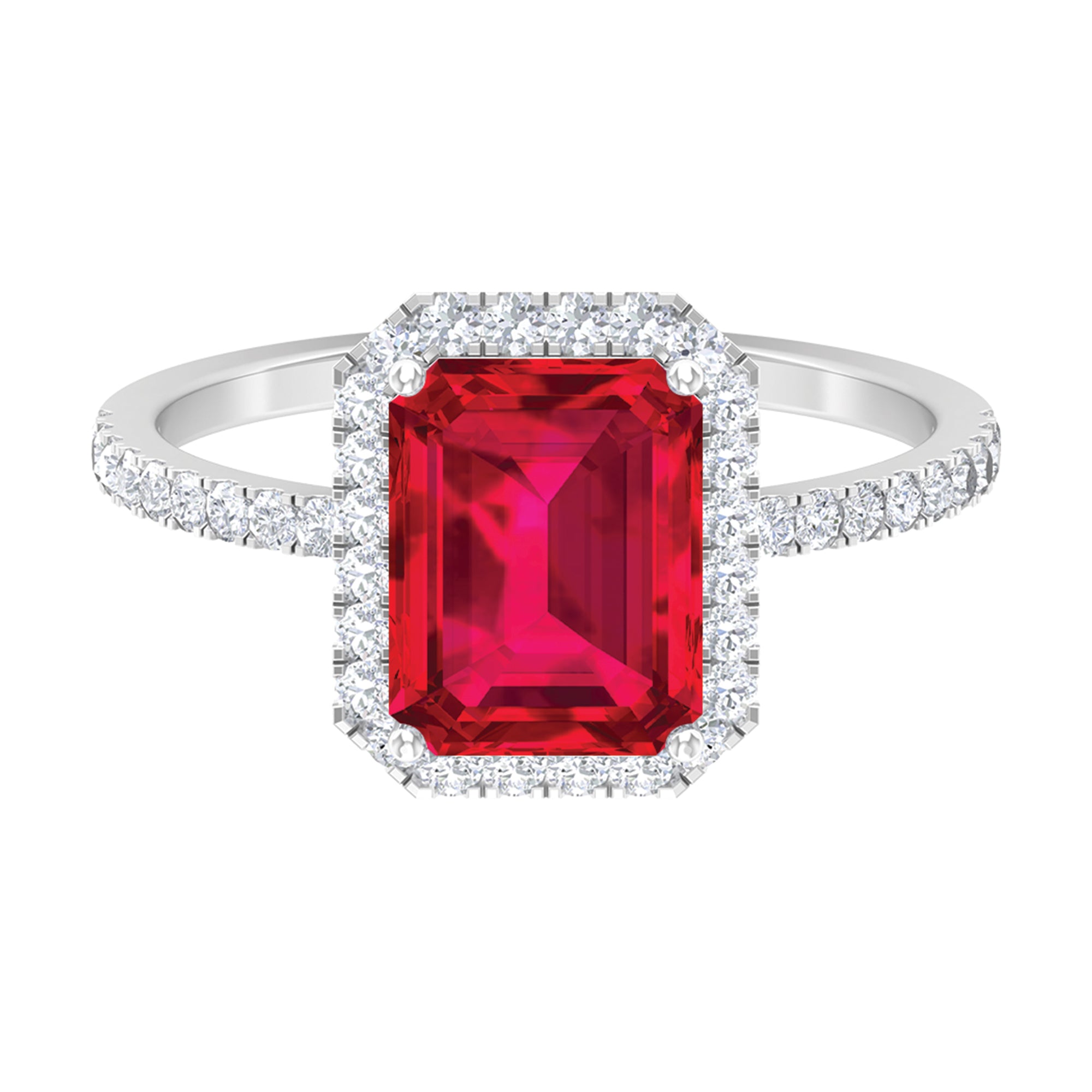 Emerald Cut Lab Grown Ruby Engagement Ring with Diamond Halo Lab Created Ruby - ( AAAA ) - Quality - Rosec Jewels