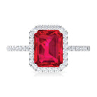 Emerald Cut Lab Grown Ruby Engagement Ring with Diamond Halo Lab Created Ruby - ( AAAA ) - Quality - Rosec Jewels