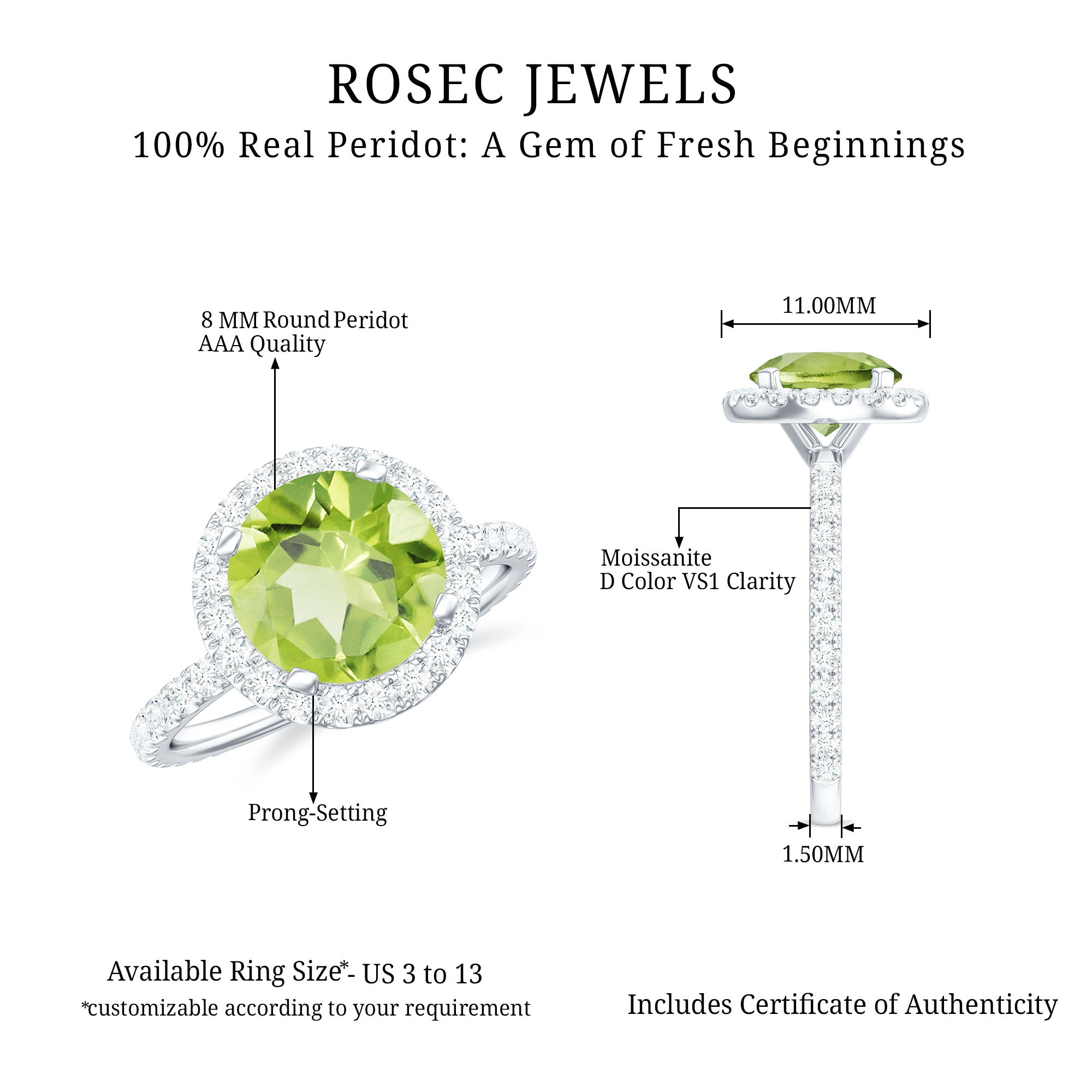 1 CT Peridot Solitaire Ring with Moissanite Accent Ring Peridot - ( AAA ) - Quality - Rosec Jewels