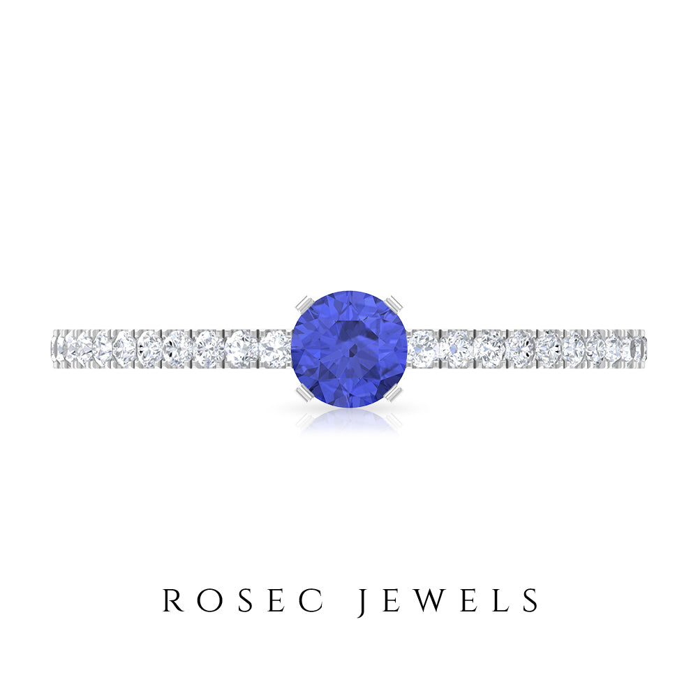 Tanzanite Dainty Solitaire Ring with French Pave Set Diamond Tanzanite - ( AAA ) - Quality - Rosec Jewels