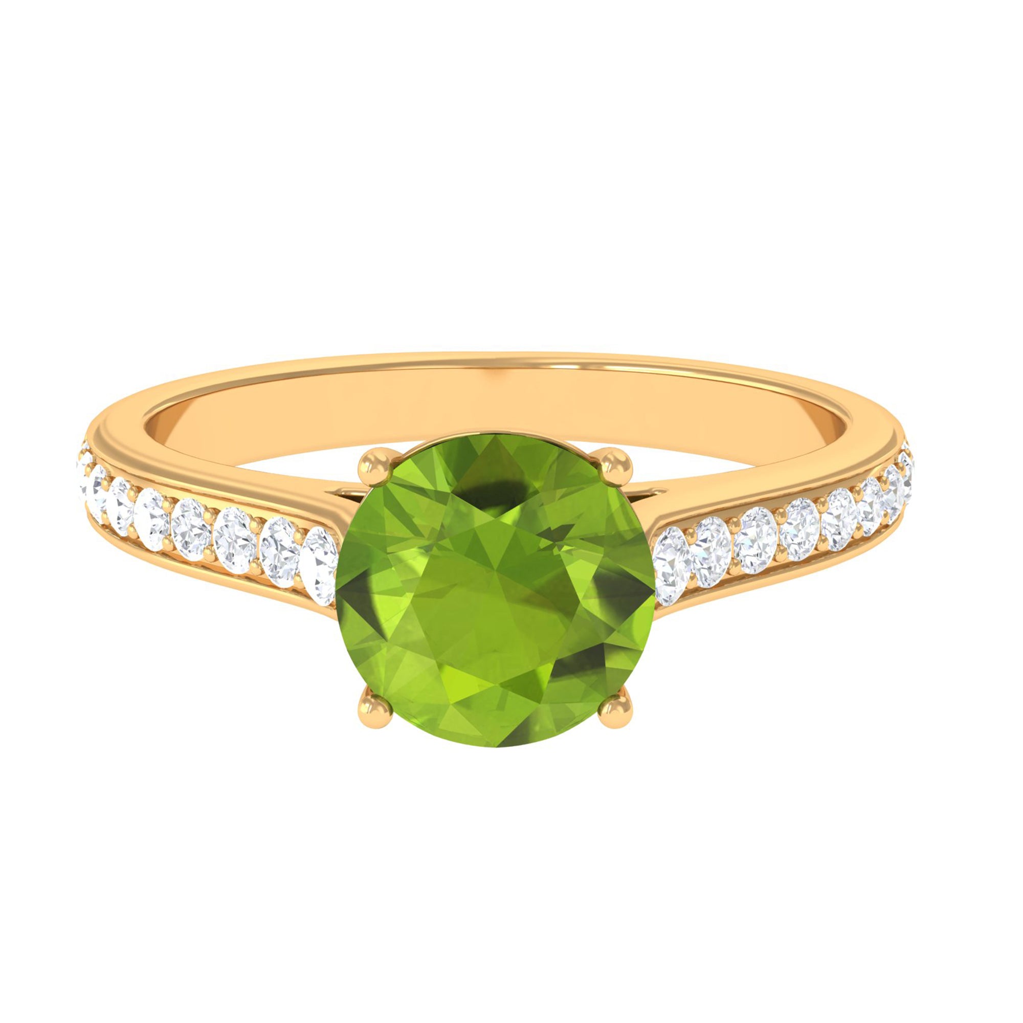 Natural Peridot Solitaire Engagement Ring with Diamond Side Stones Peridot - ( AAA ) - Quality - Rosec Jewels