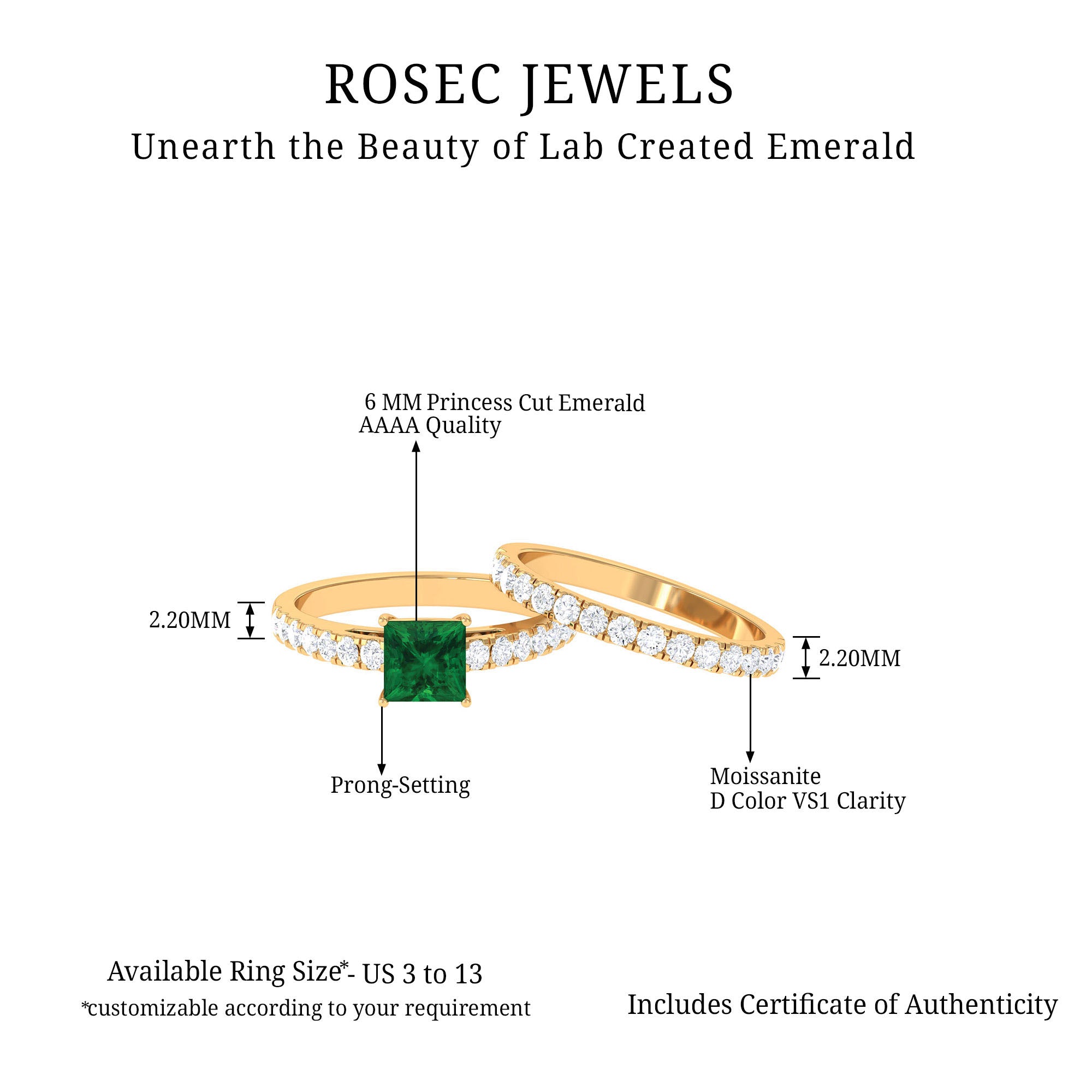 Princess Cut Created Emerald Engagement Ring with Moissanite Enhancer Lab Created Emerald - ( AAAA ) - Quality - Rosec Jewels