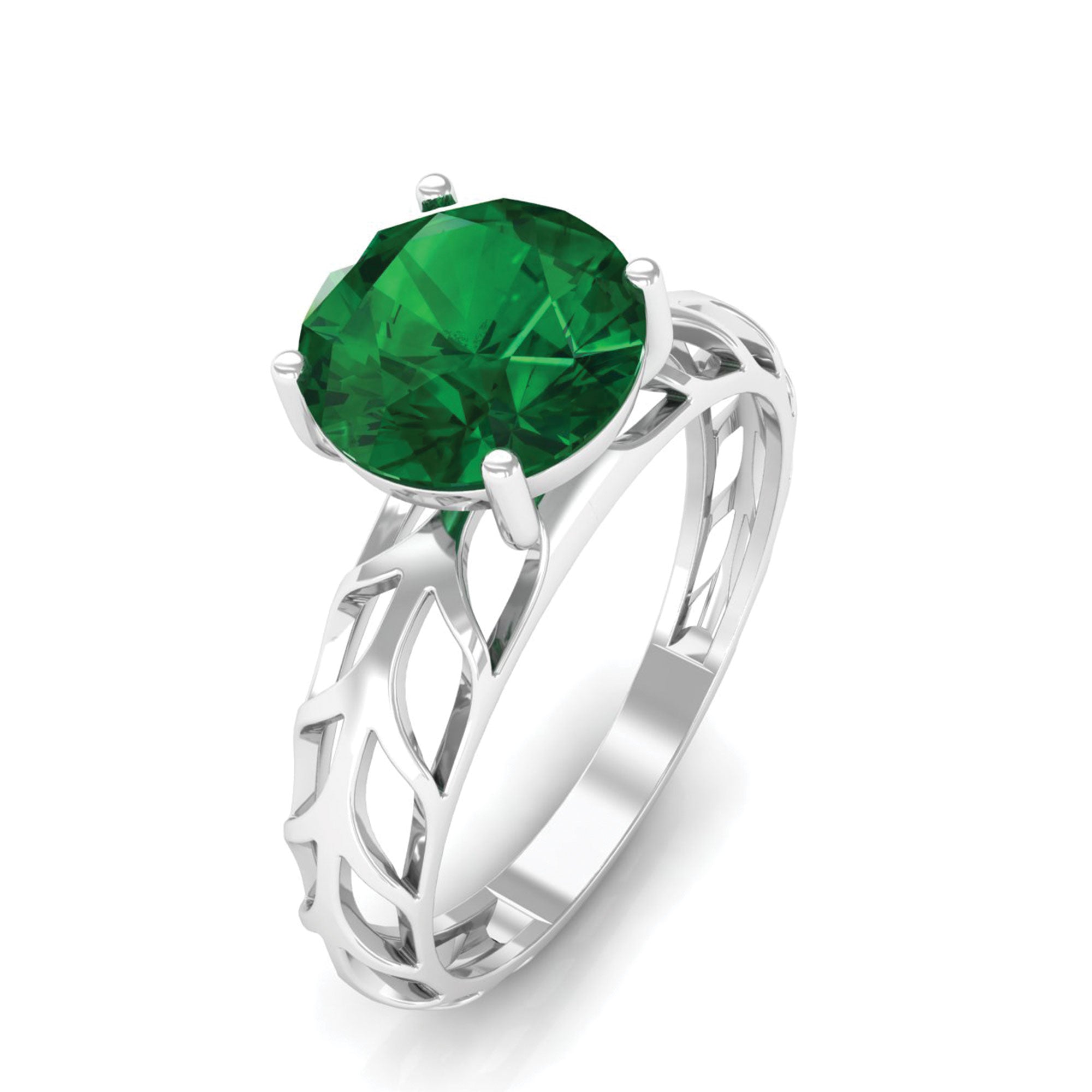 8 MM Round Created Emerald Solitaire Engagement Ring with Gold Filigree Details Lab Created Emerald - ( AAAA ) - Quality - Rosec Jewels