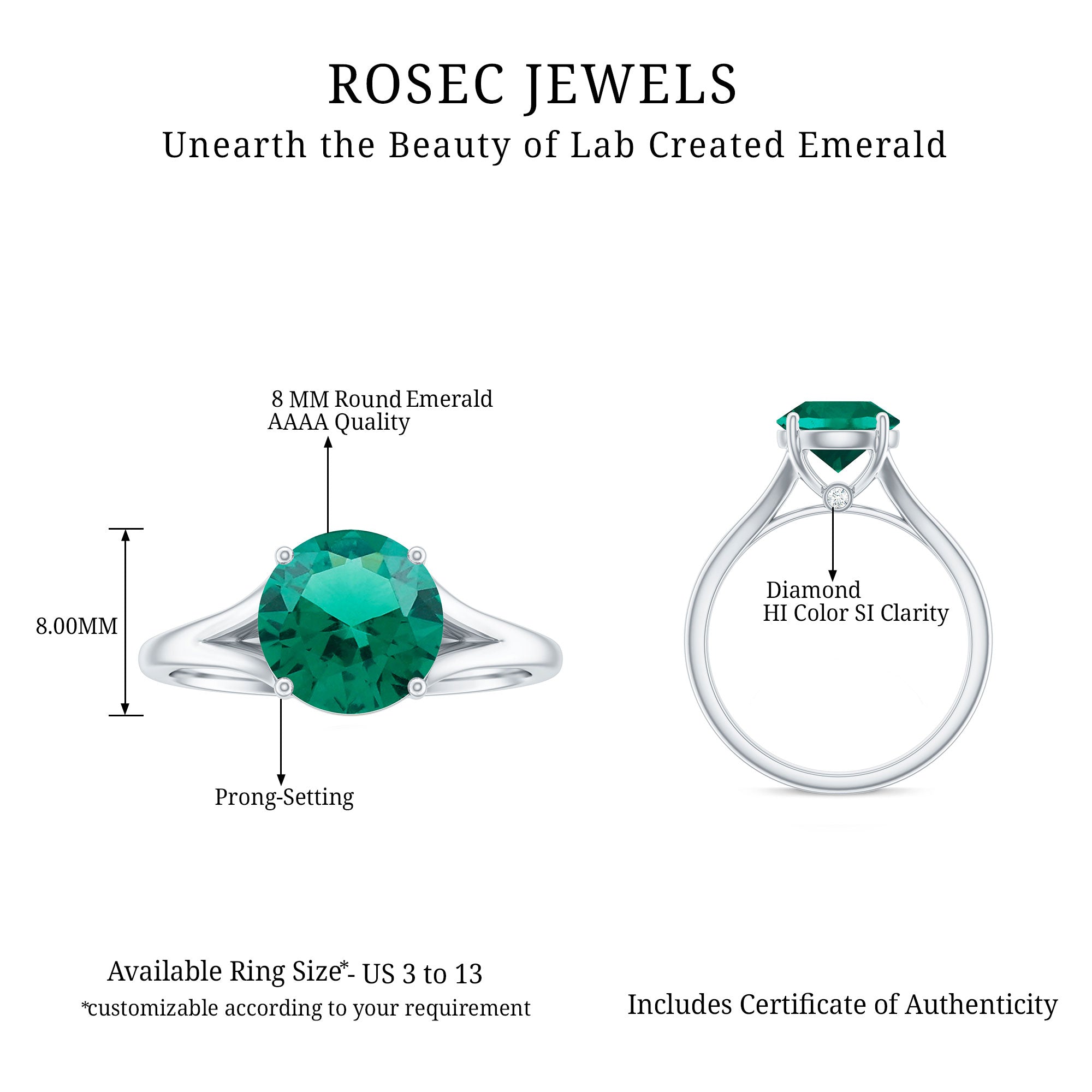 Solitaire Promise Ring with 2 CT Lab Created Emerald and Diamond Lab Created Emerald - ( AAAA ) - Quality - Rosec Jewels