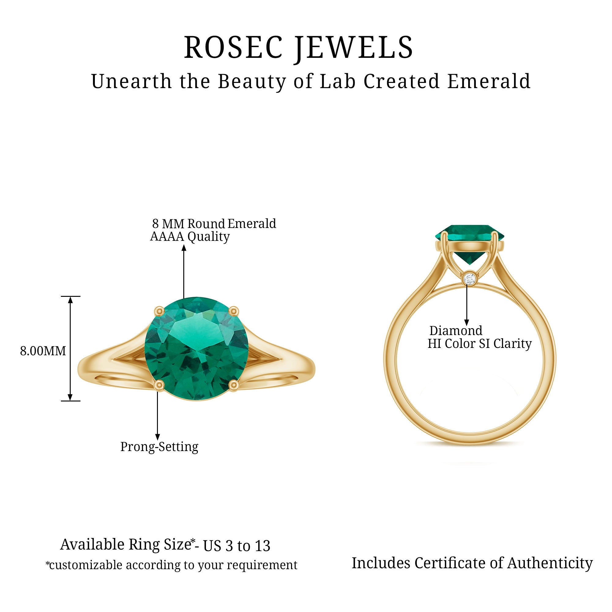 Solitaire Promise Ring with 2 CT Lab Created Emerald and Diamond Lab Created Emerald - ( AAAA ) - Quality - Rosec Jewels