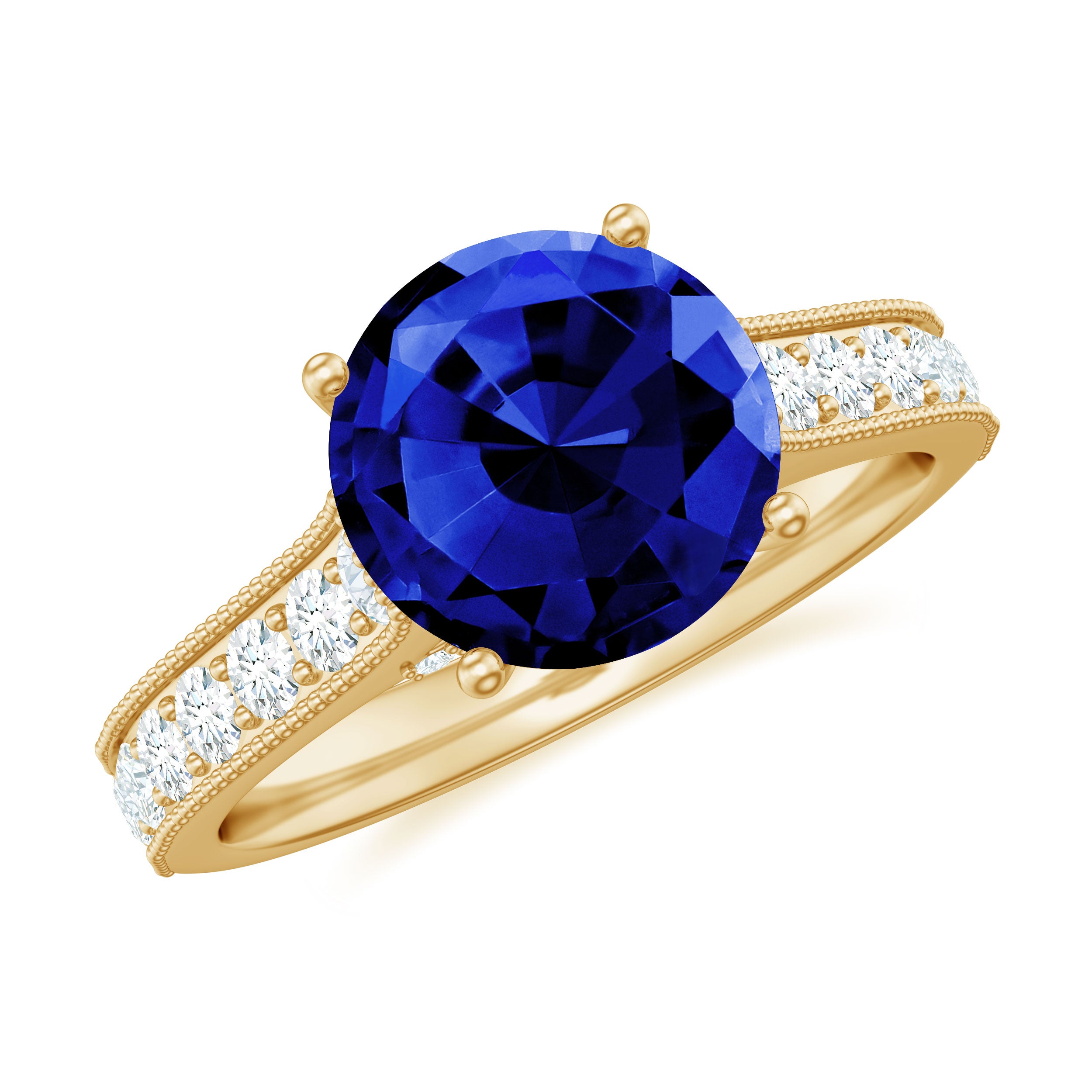 Rosec Jewels-2.50 CT Created Blue Sapphire Solitaire Engagement Ring with Diamond and Milgrain Detailing