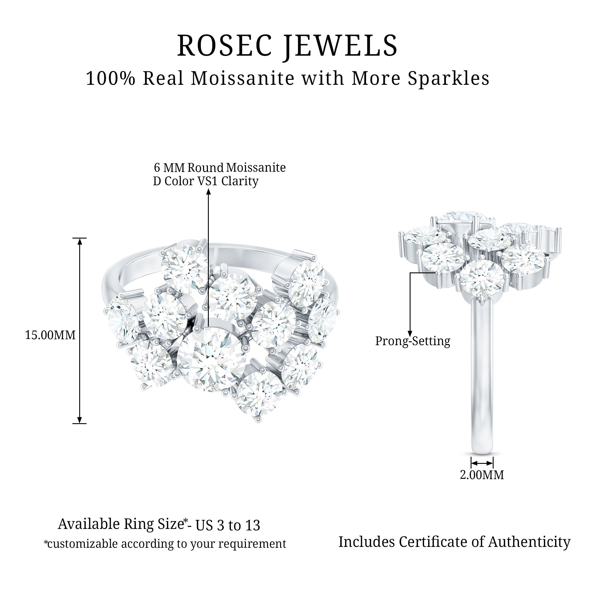 Rosec Jewels-Round Moissanite Cluster Statement Cocktail Ring