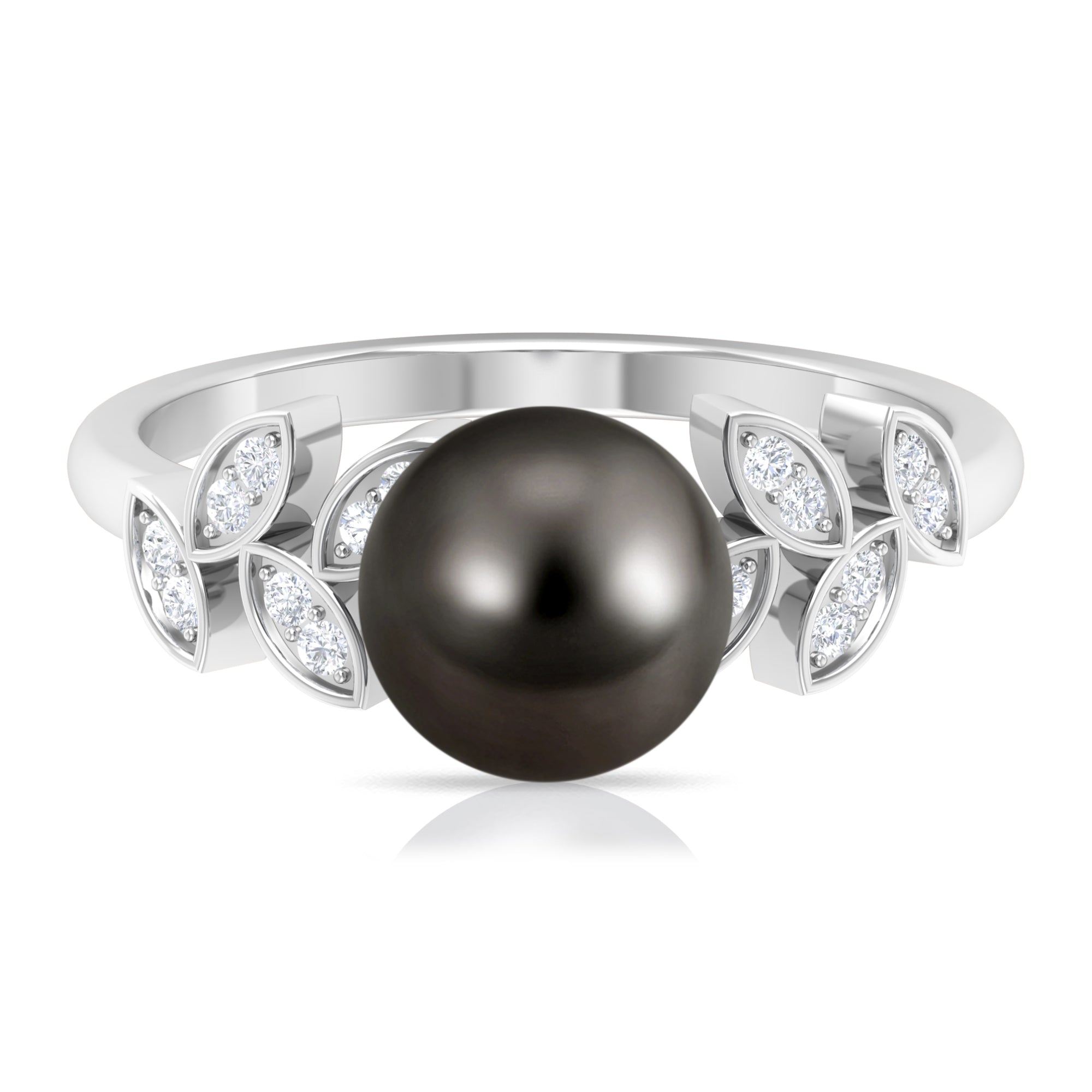 Tahitian Black Pearl and Diamond Leaf Minimal Engagement Ring Tahitian pearl - ( AAA ) - Quality - Rosec Jewels