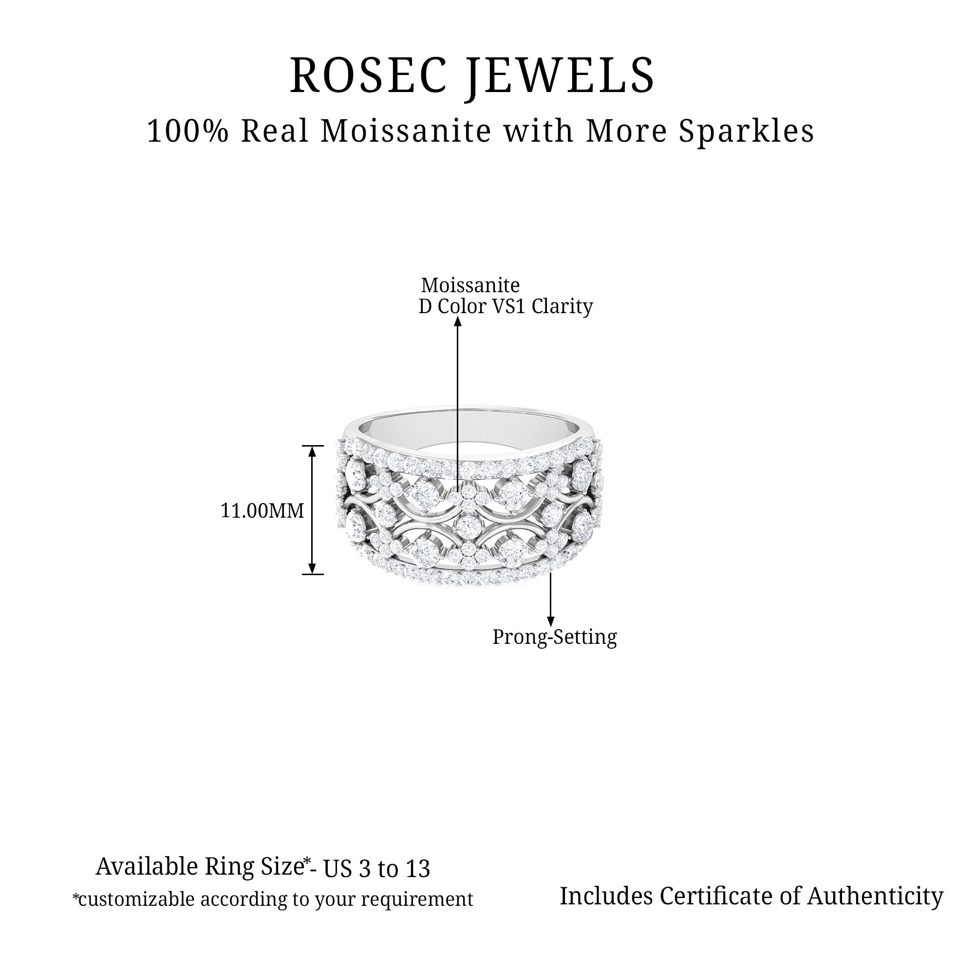 Rosec Jewels-2.50 CT Certified Moissanite Statement Wedding Band Ring