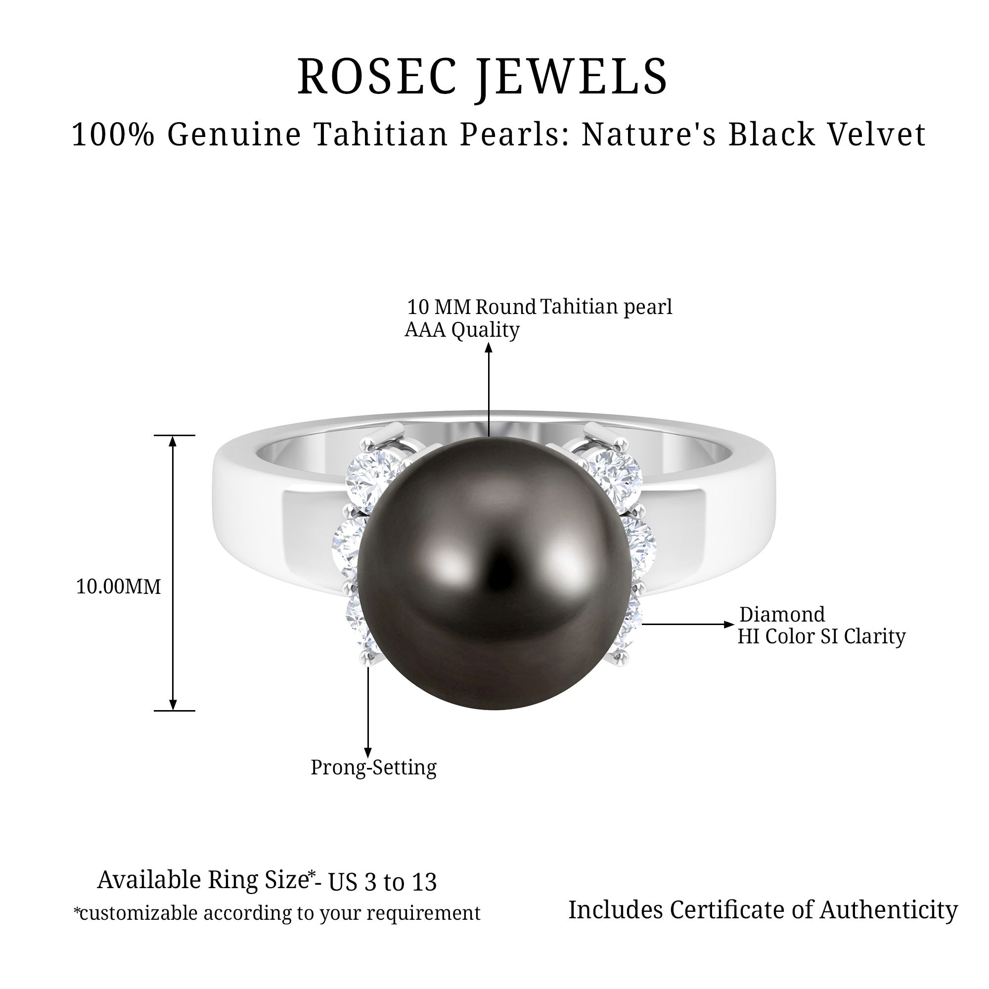 8 CT Real Tahitian Pearl Solitaire Ring with Diamond Tahitian pearl - ( AAA ) - Quality - Rosec Jewels