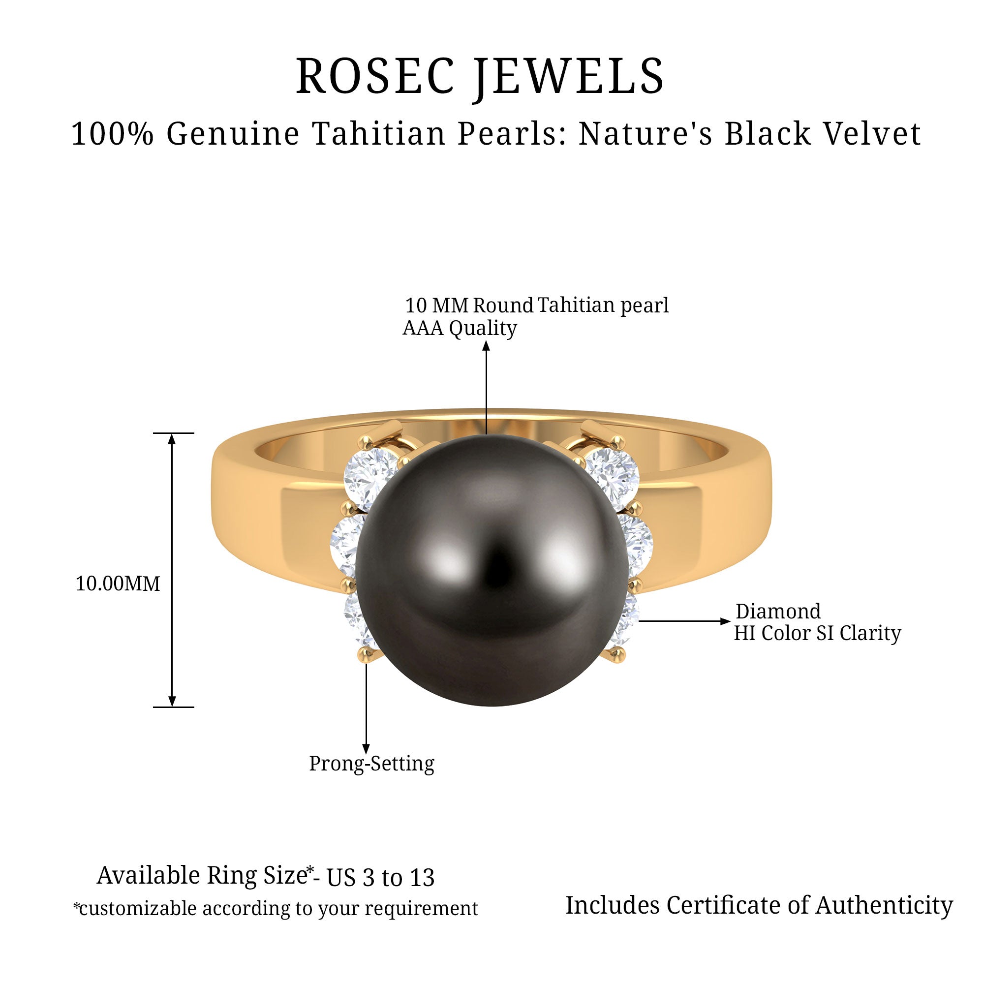 8 CT Real Tahitian Pearl Solitaire Ring with Diamond Tahitian pearl - ( AAA ) - Quality - Rosec Jewels