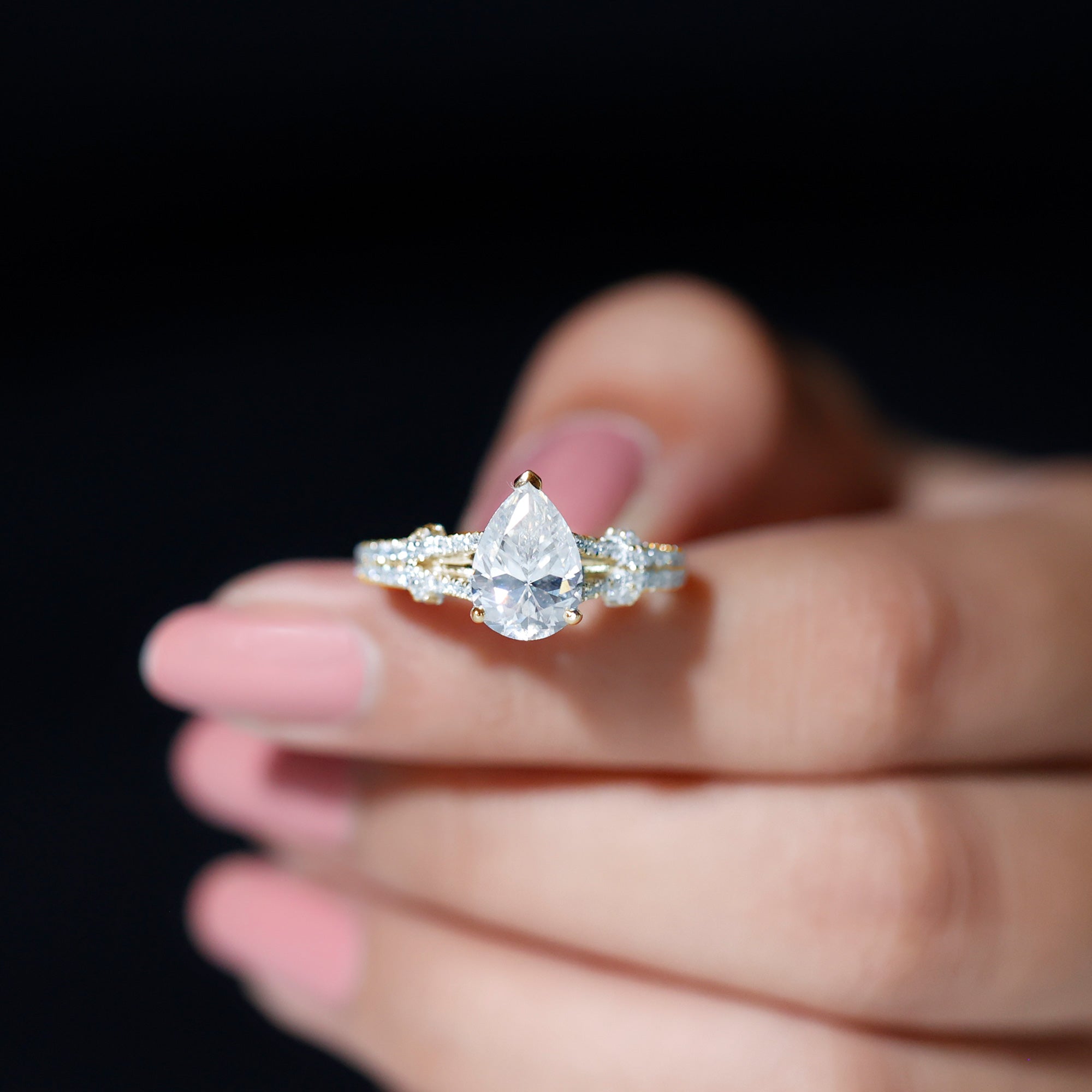 Pear Shaped Moissanite Solitaire Engagement Ring in Split Shank Moissanite - ( D-VS1 ) - Color and Clarity - Rosec Jewels