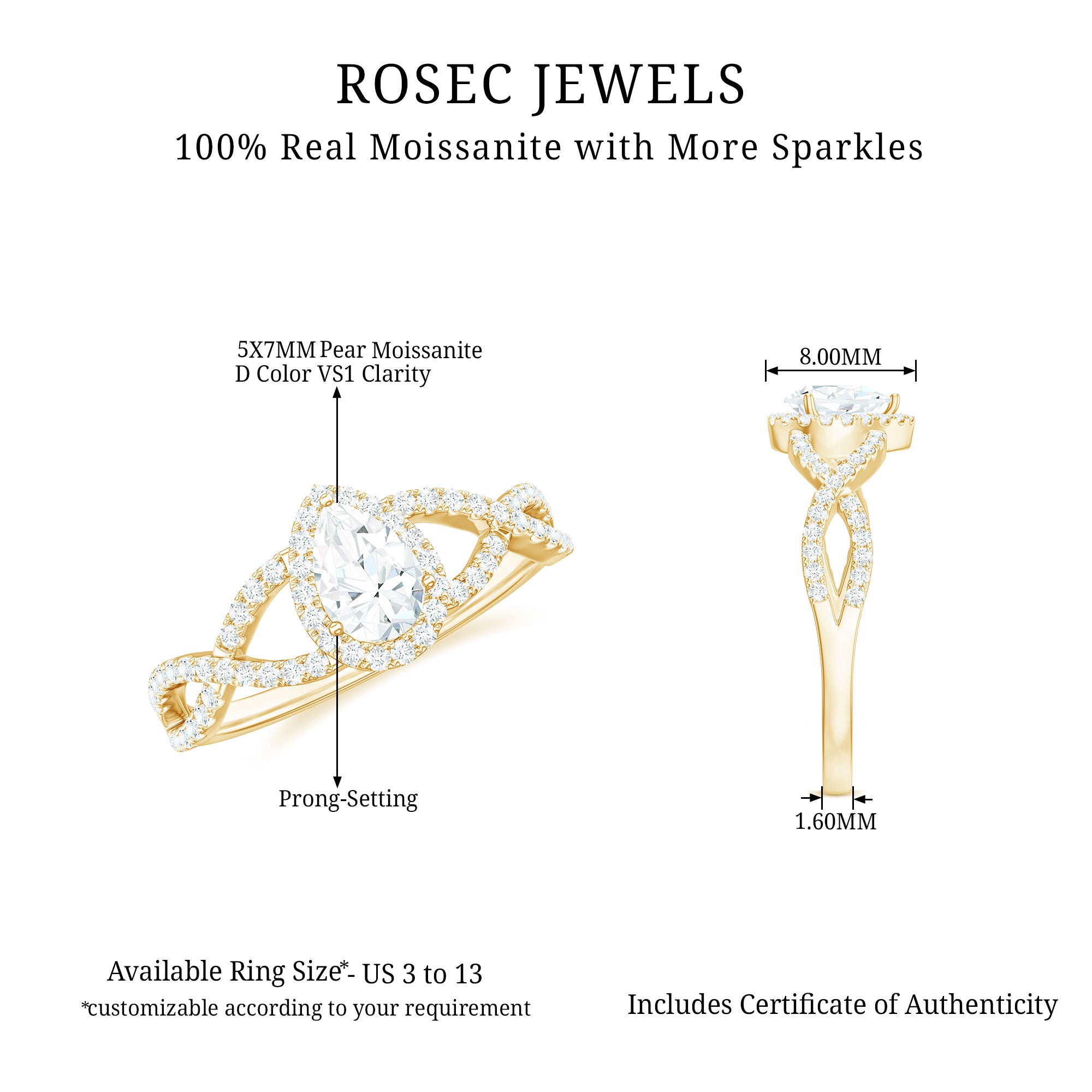 Pear Shaped Moissanite Crossover Engagement Ring in Gold Moissanite - ( D-VS1 ) - Color and Clarity - Rosec Jewels