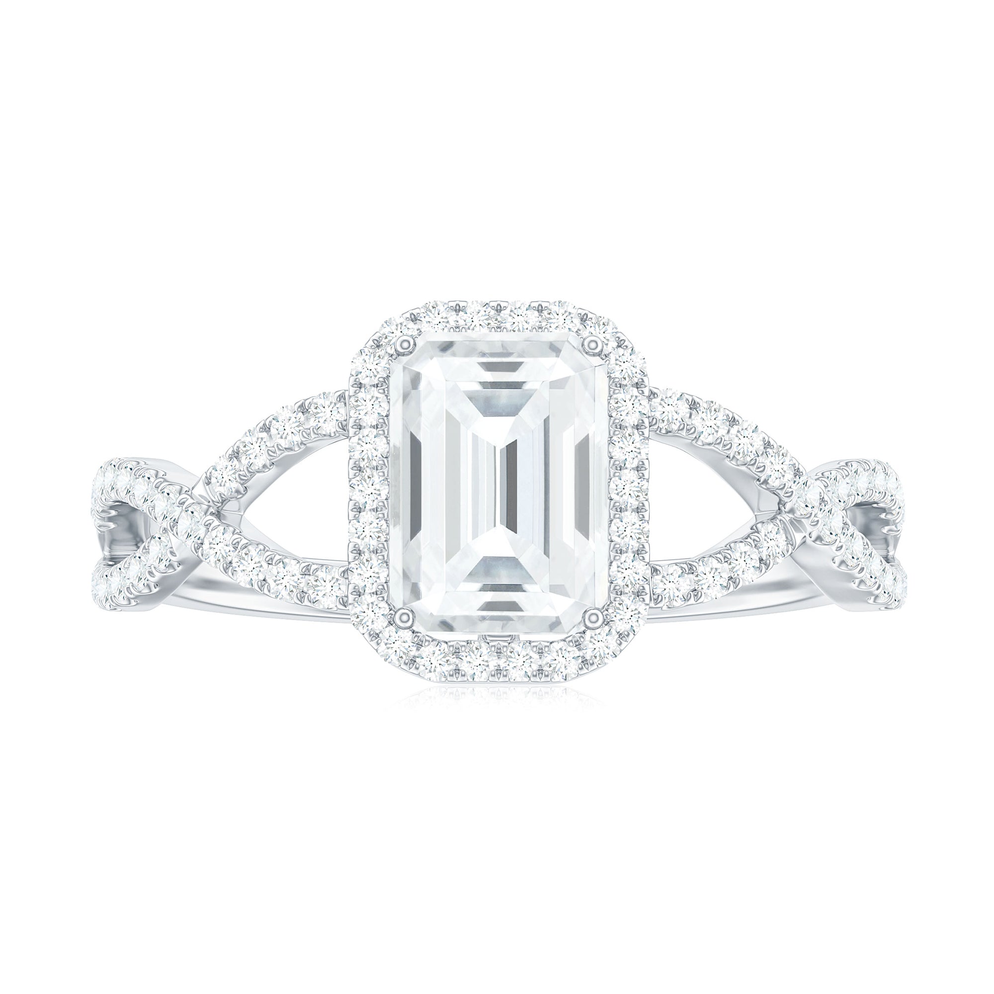 Emerald Cut Moissanite Crossover Engagement Ring in Gold Moissanite - ( D-VS1 ) - Color and Clarity - Rosec Jewels