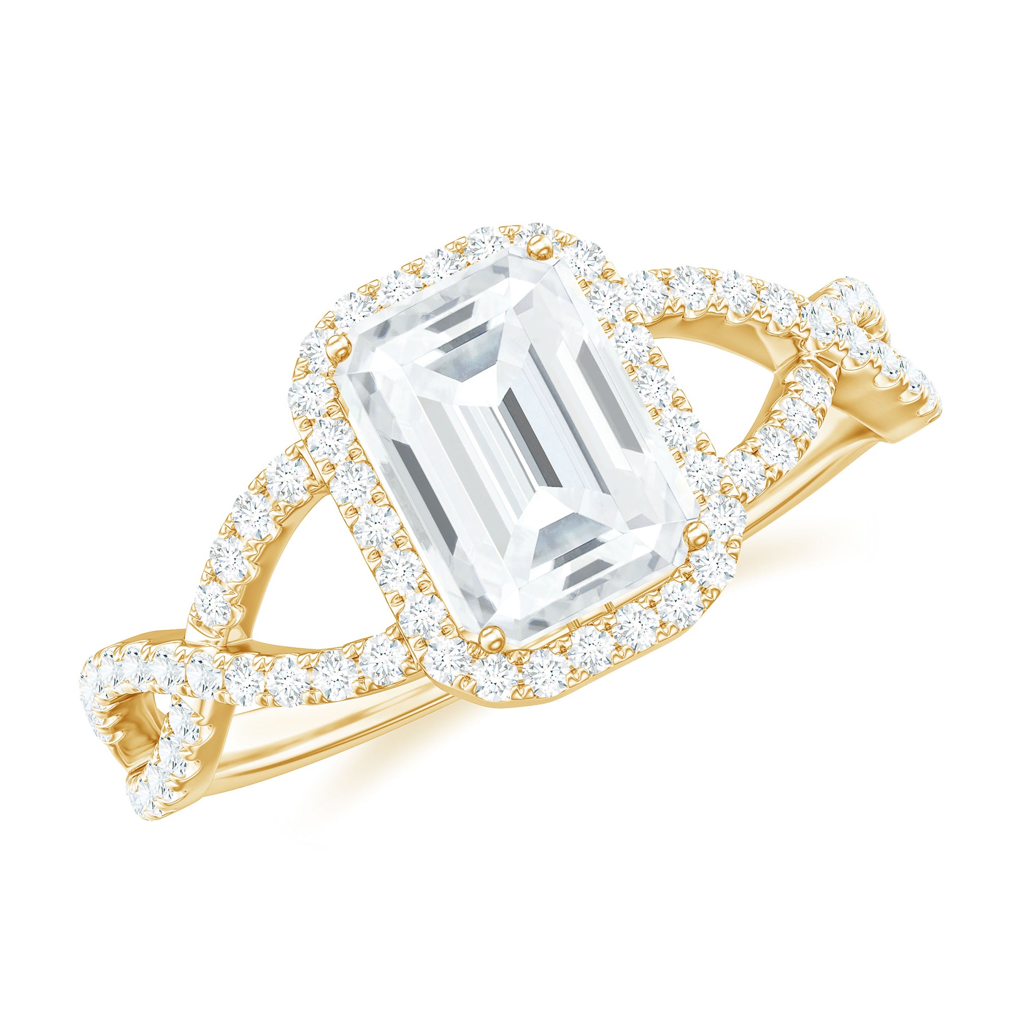 Emerald Cut Moissanite Crossover Engagement Ring in Gold Moissanite - ( D-VS1 ) - Color and Clarity - Rosec Jewels