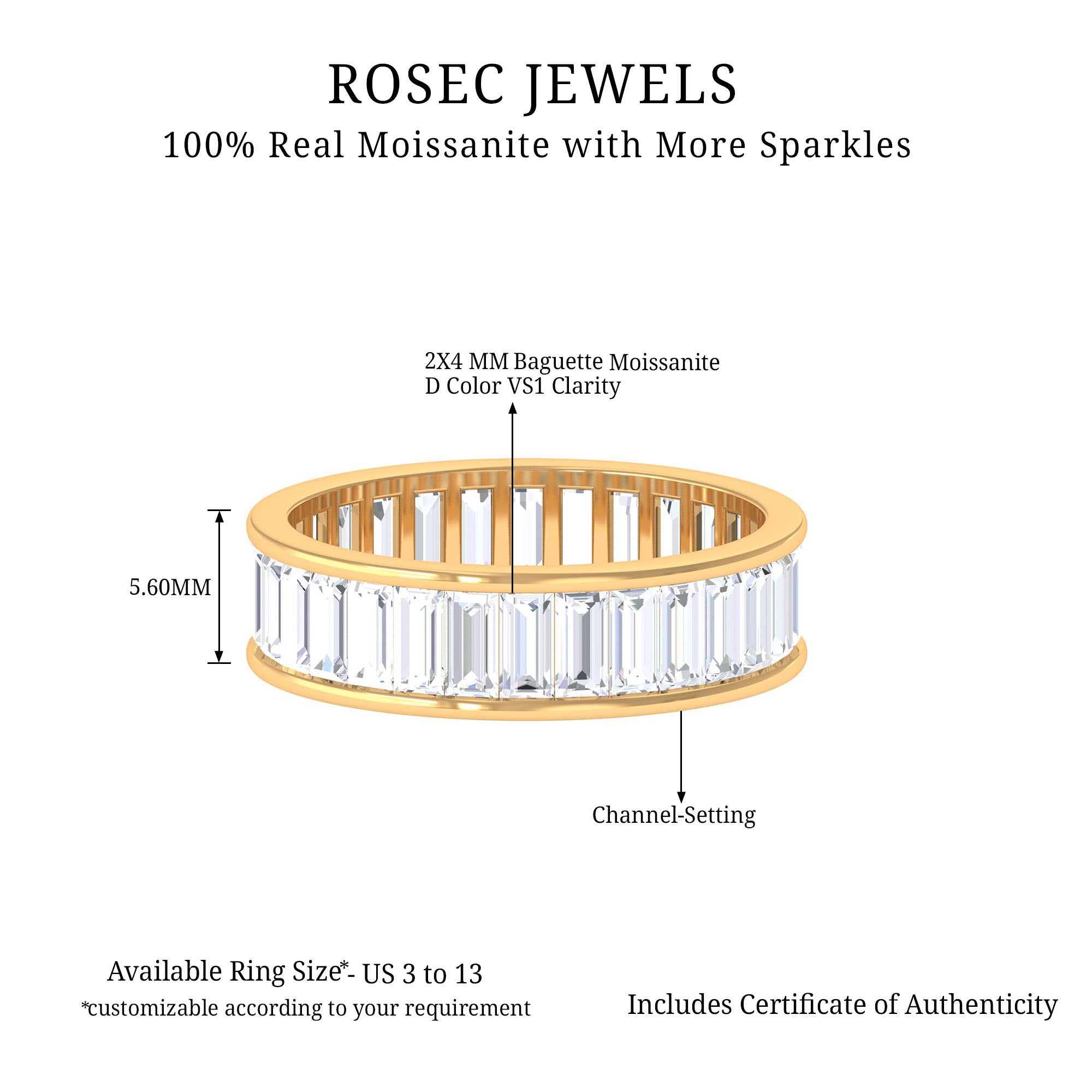 Baguette Shape Moissanite Wedding Band Moissanite - ( D-VS1 ) - Color and Clarity - Rosec Jewels