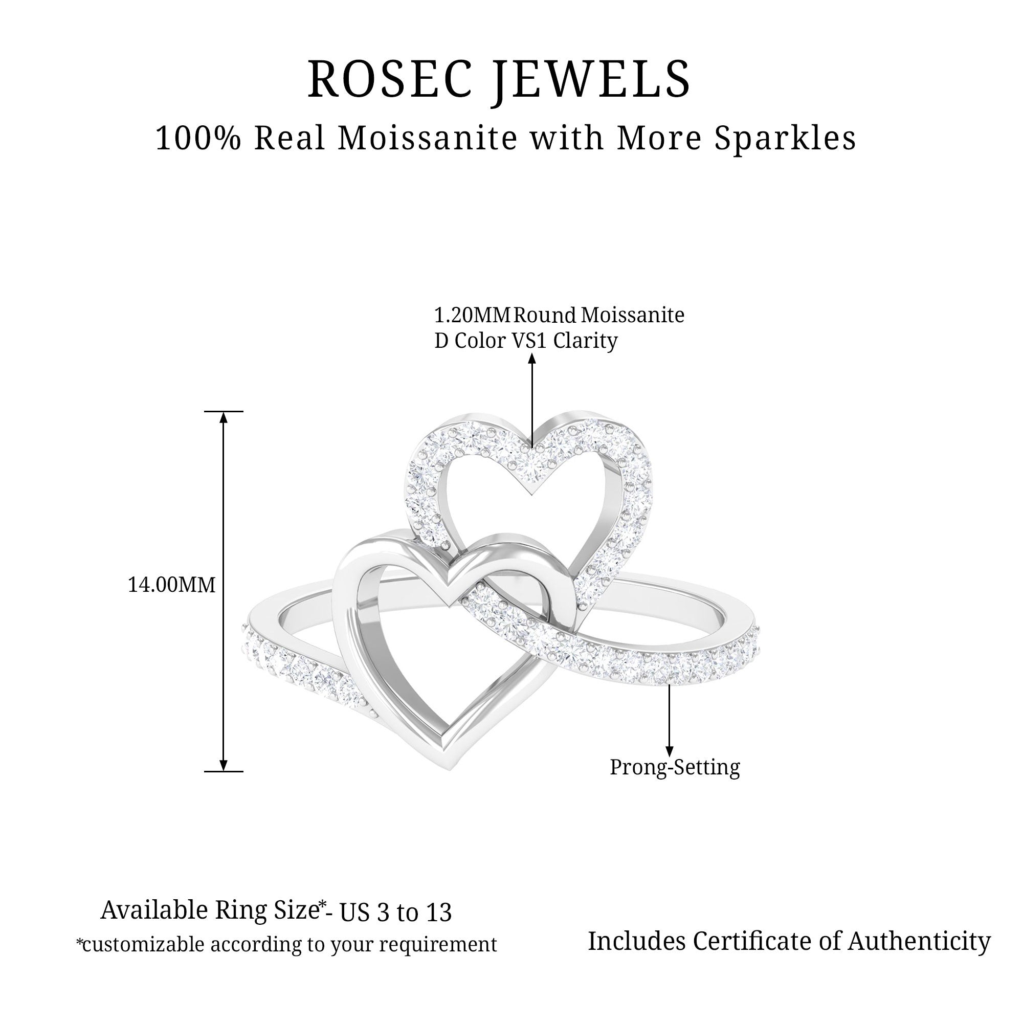 1/2 CT Moissanite Interlock Twin Heart Ring in Gold Moissanite - ( D-VS1 ) - Color and Clarity - Rosec Jewels