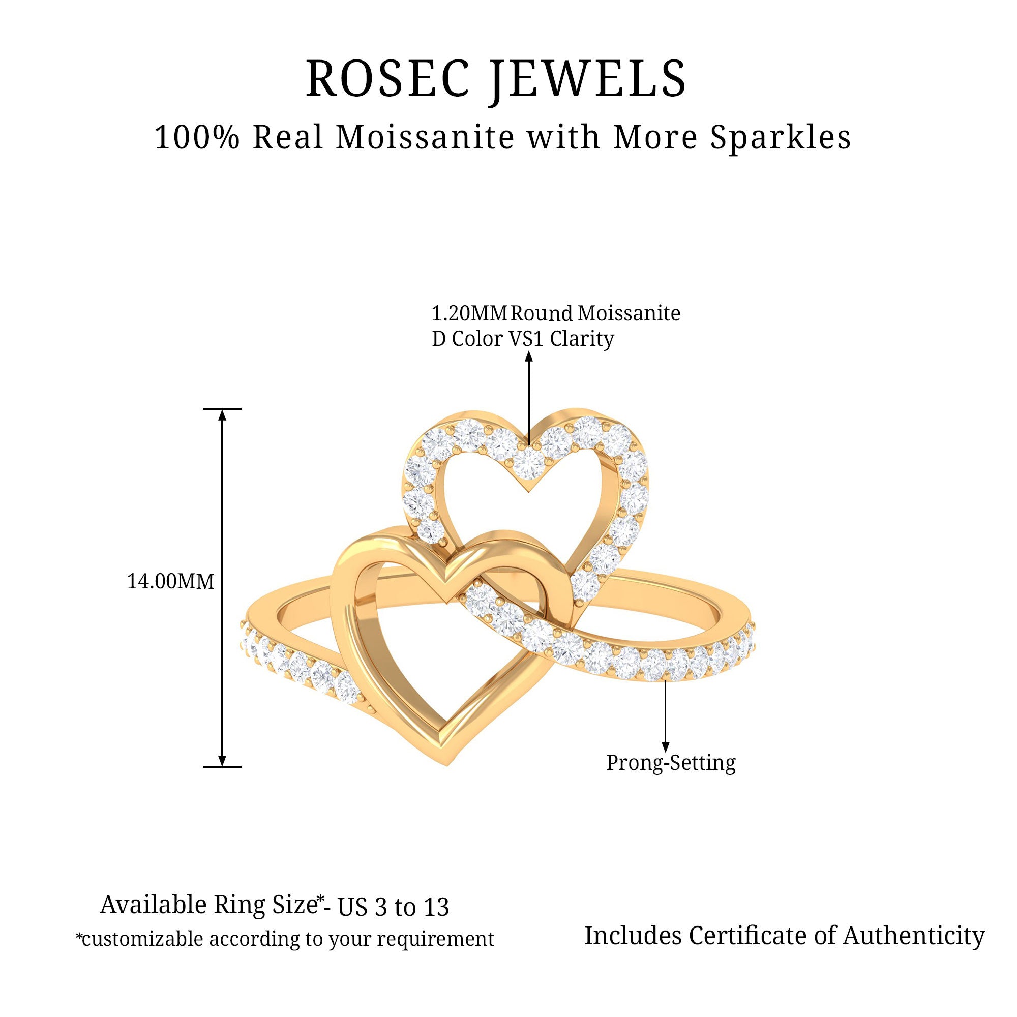 1/2 CT Moissanite Interlock Twin Heart Ring in Gold Moissanite - ( D-VS1 ) - Color and Clarity - Rosec Jewels