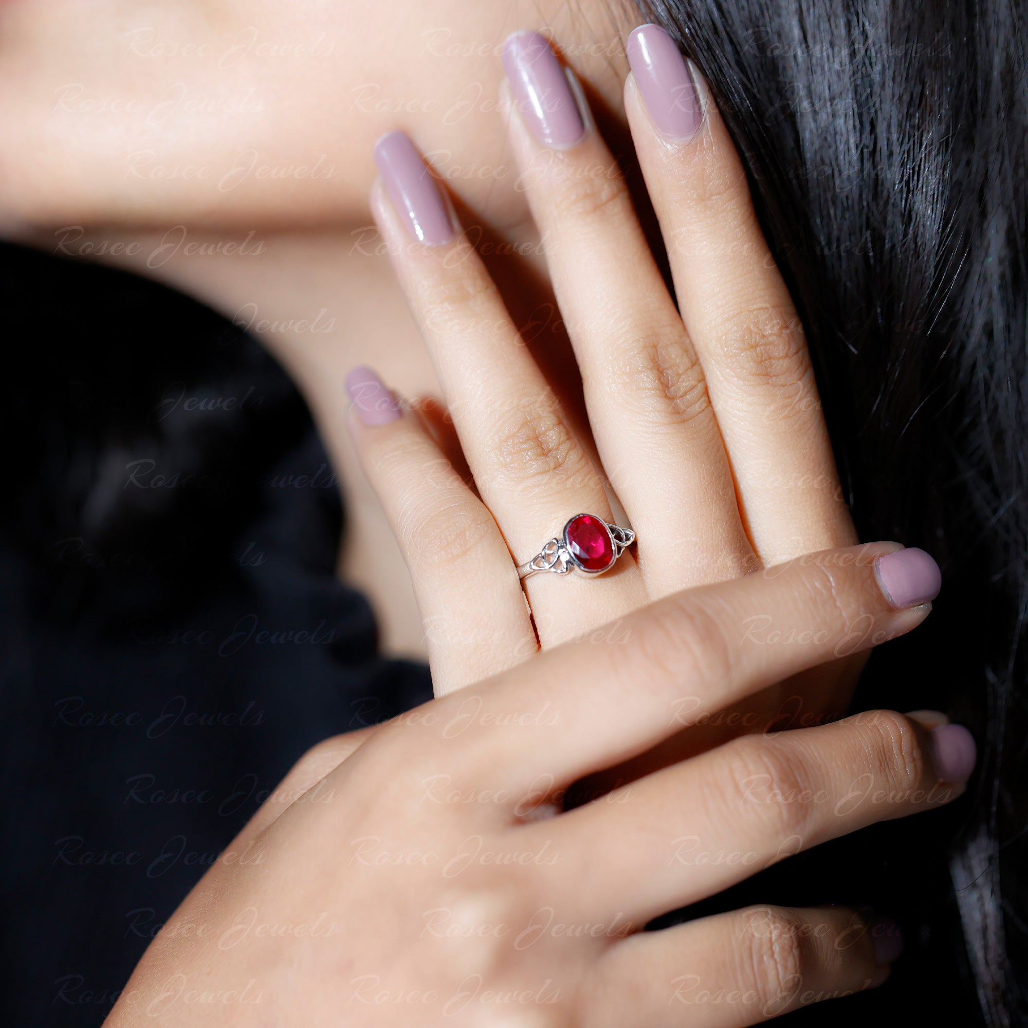 Oval Shape Lab Grown Ruby Solitaire Celtic Knot Ring Lab Created Ruby - ( AAAA ) - Quality 92.5 Sterling Silver 8 - Rosec Jewels