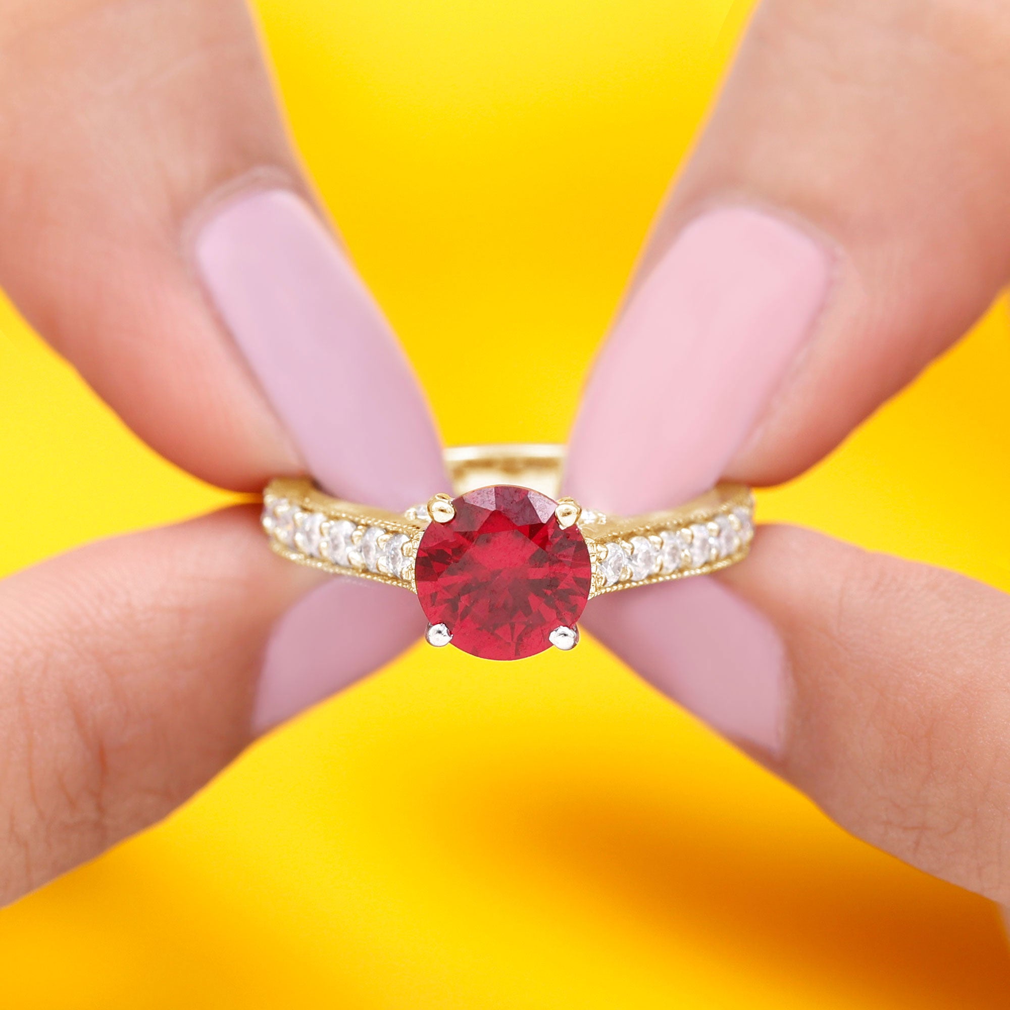 Created Ruby Solitaire Engagement Ring with Diamond Lab Created Ruby - ( AAAA ) - Quality - Rosec Jewels