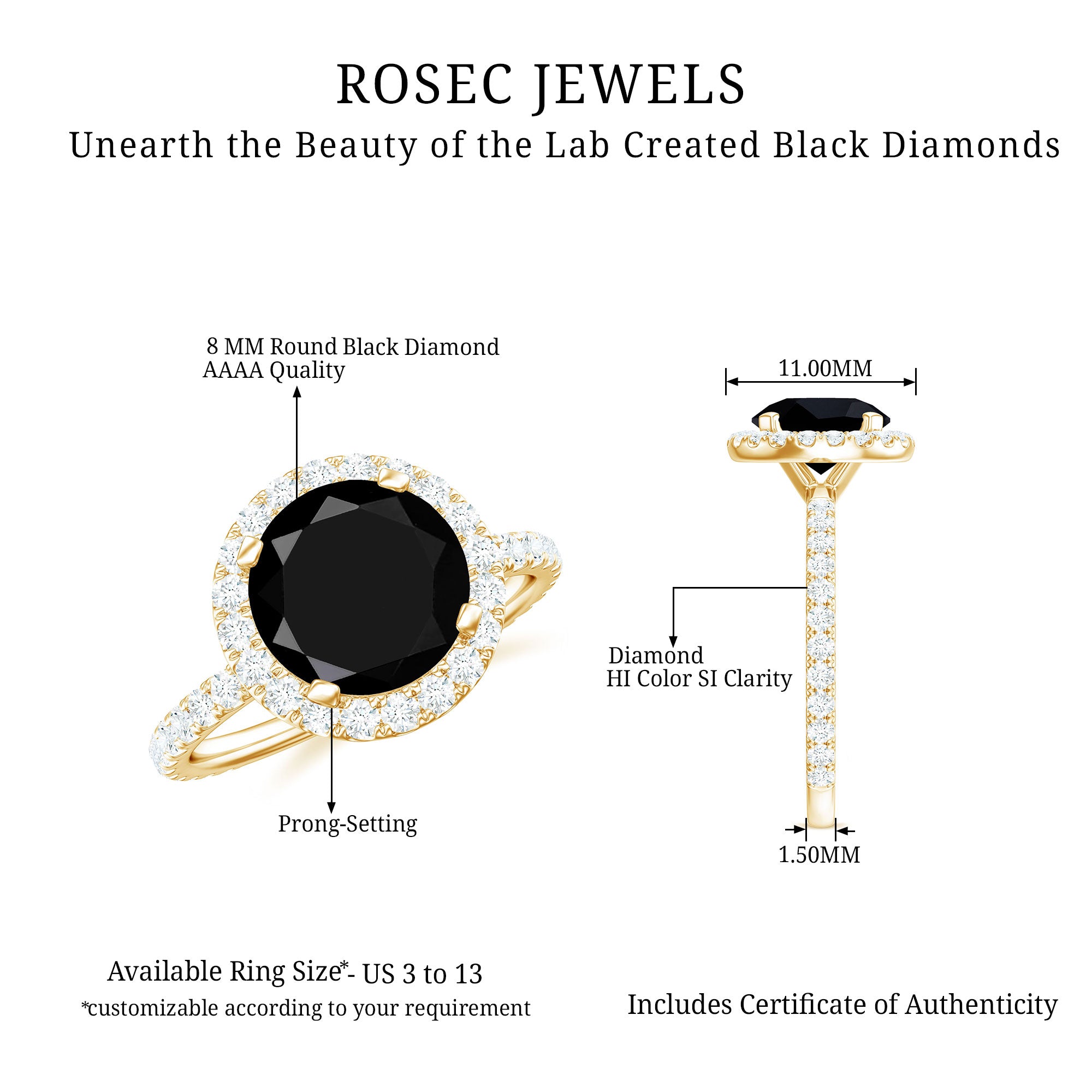 Classic Created Black Diamond and Diamond Halo Engagement Ring Lab Created Black Diamond - ( AAAA ) - Quality - Rosec Jewels