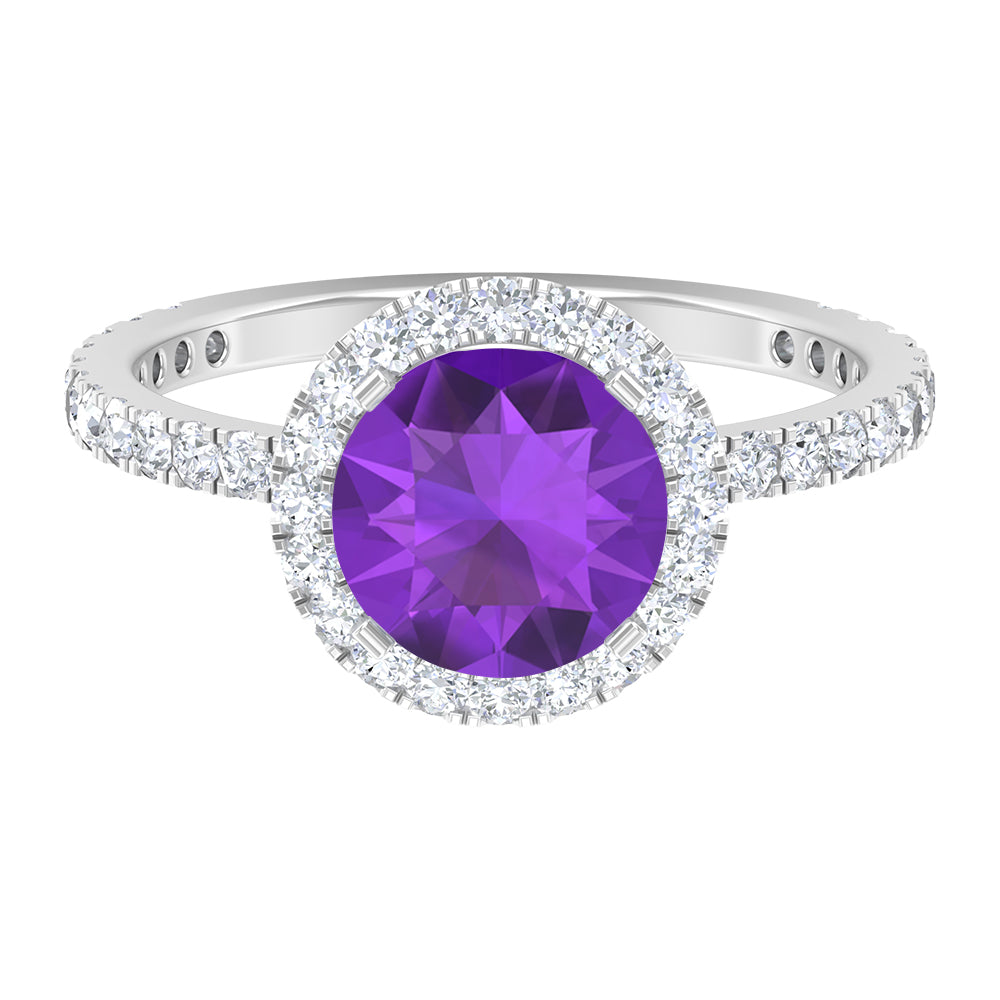 Classic Round Amethyst Engagement Ring with Moissanite Halo Amethyst - ( AAA ) - Quality - Rosec Jewels