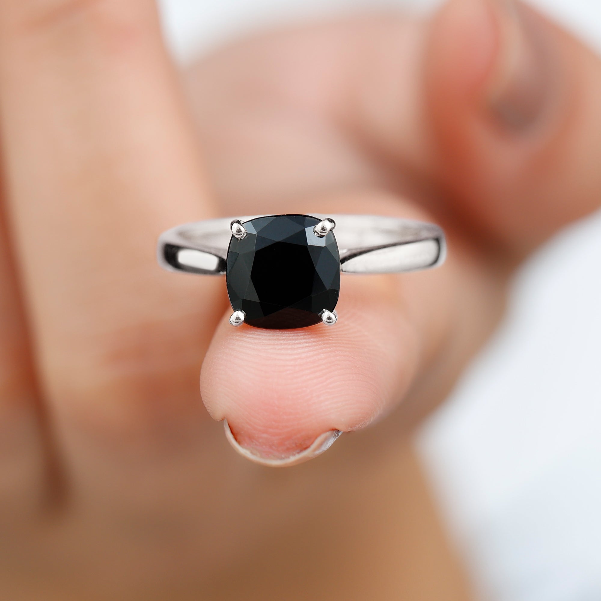 8 MM Cushion Cut Black Spinel Ring with Surprise Diamond Black Spinel - ( AAA ) - Quality - Rosec Jewels