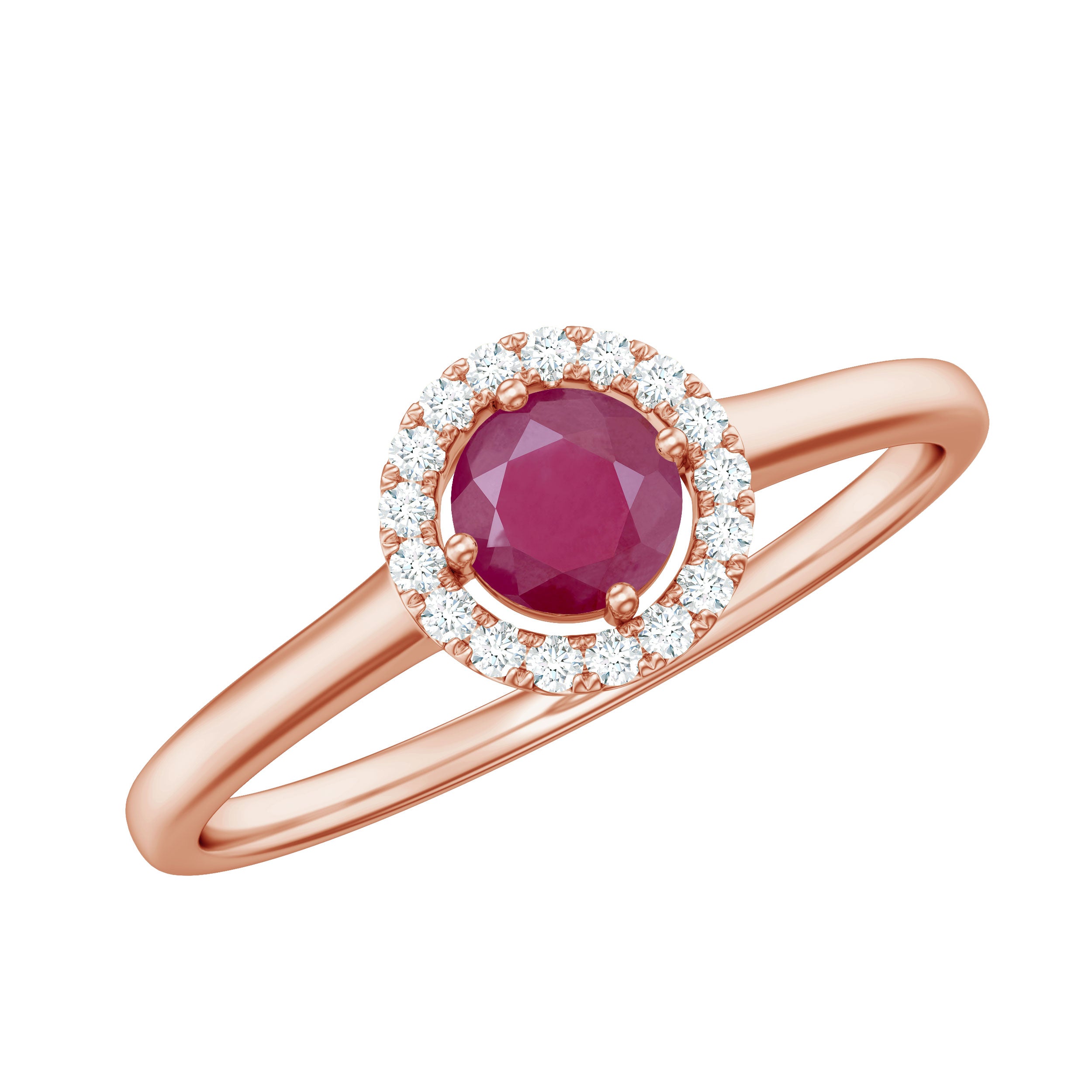 Round Ruby Engagement Ring with Diamond Halo Ruby - ( AAA ) - Quality - Rosec Jewels