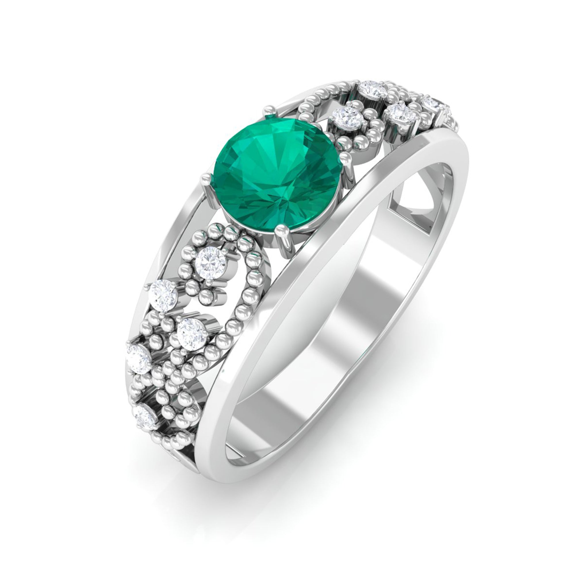 Solitaire Emerald and Diamond Vintage Band Ring Emerald - ( AAA ) - Quality - Rosec Jewels