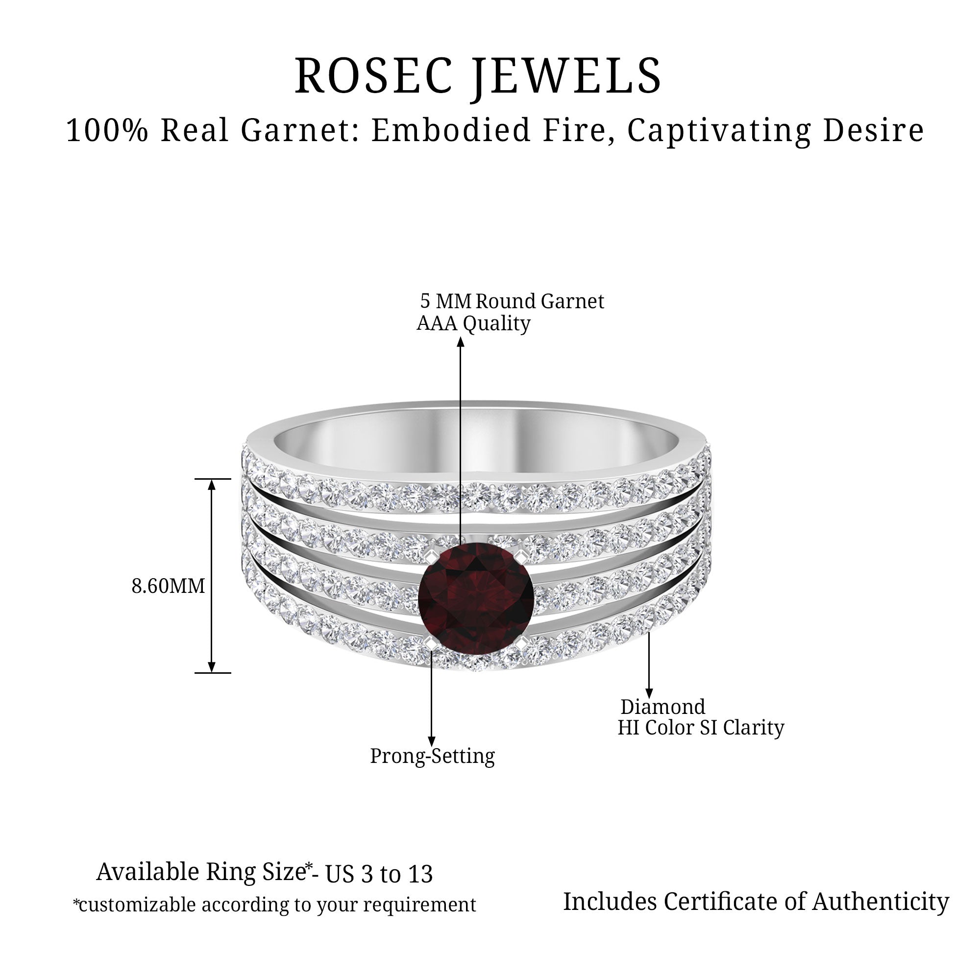 Garnet and Diamond Cocktail Engagement Ring Garnet - ( AAA ) - Quality - Rosec Jewels