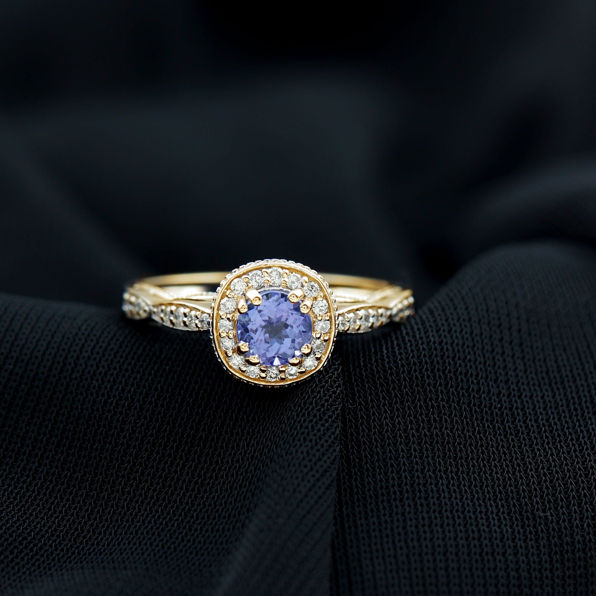 Vintage Inspired Round Tanzanite Engagement Ring with Diamond Halo Tanzanite - ( AAA ) - Quality - Rosec Jewels