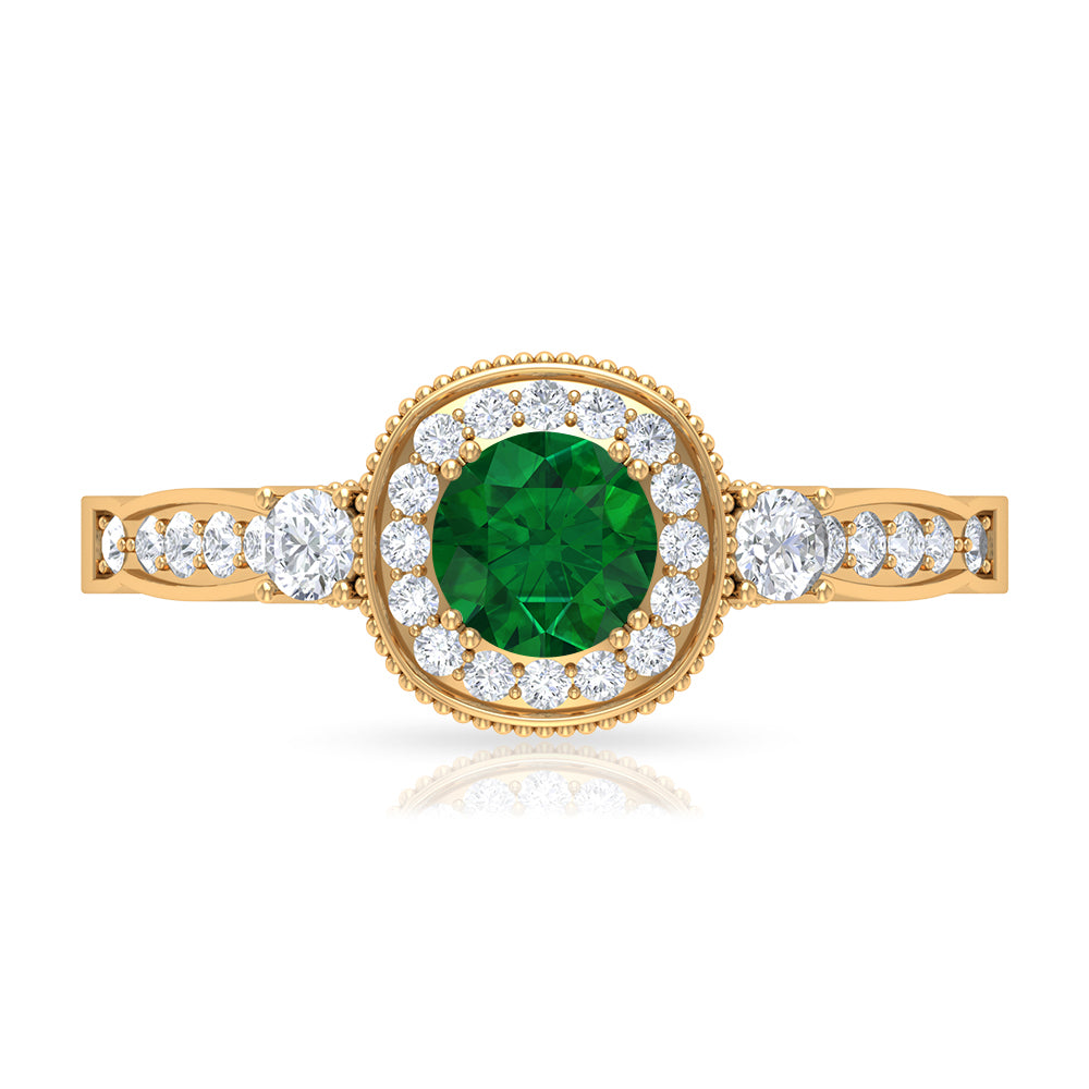 Emerald and Diamond Vintage Engagement Ring Emerald - ( AAA ) - Quality - Rosec Jewels