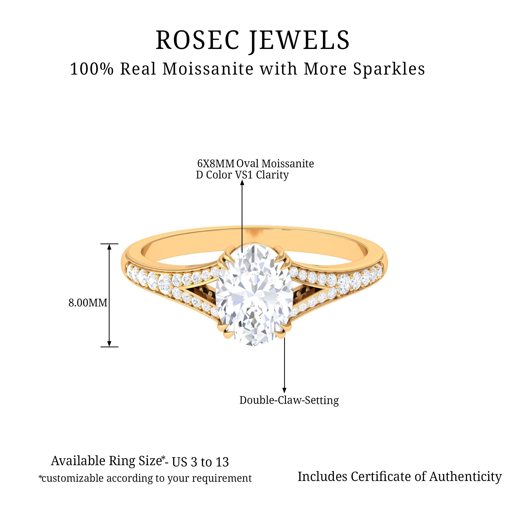 Oval Cut Moissanite Split Shank Engagement Ring Moissanite - ( D-VS1 ) - Color and Clarity - Rosec Jewels