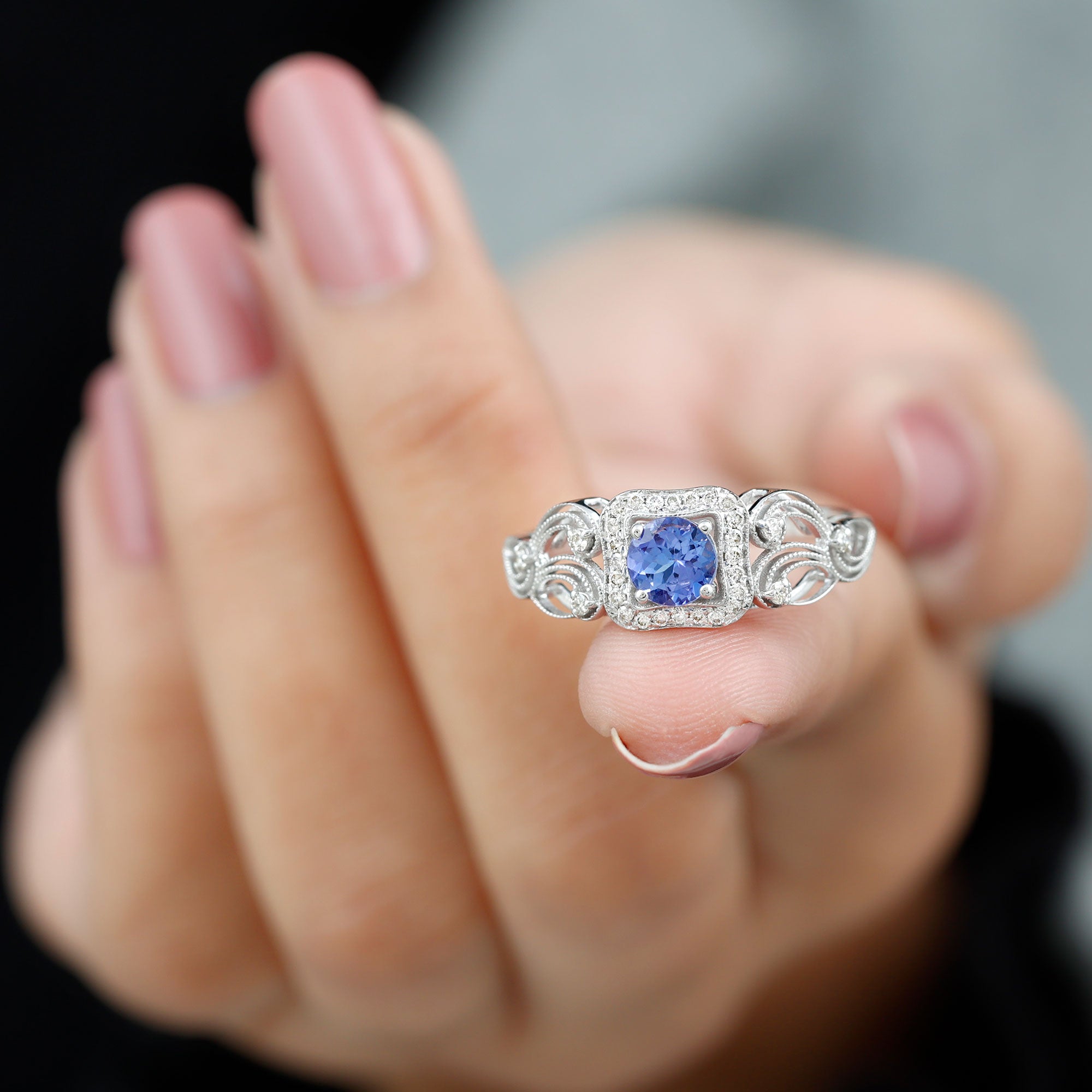 Tanzanite and Diamond Engagement Ring with Milgrain Details Tanzanite - ( AAA ) - Quality - Rosec Jewels