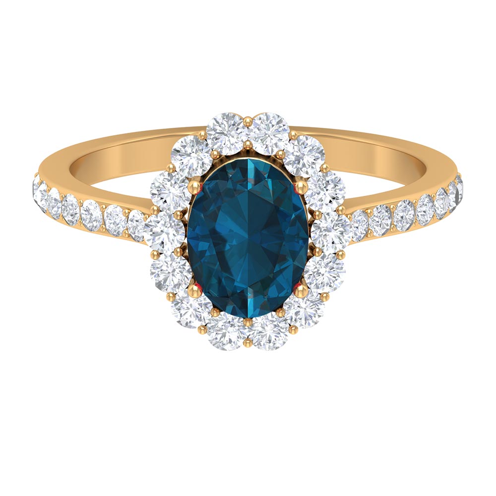 Oval Cut London Blue Topaz with Diamond Halo Ring London Blue Topaz - ( AAA ) - Quality - Rosec Jewels