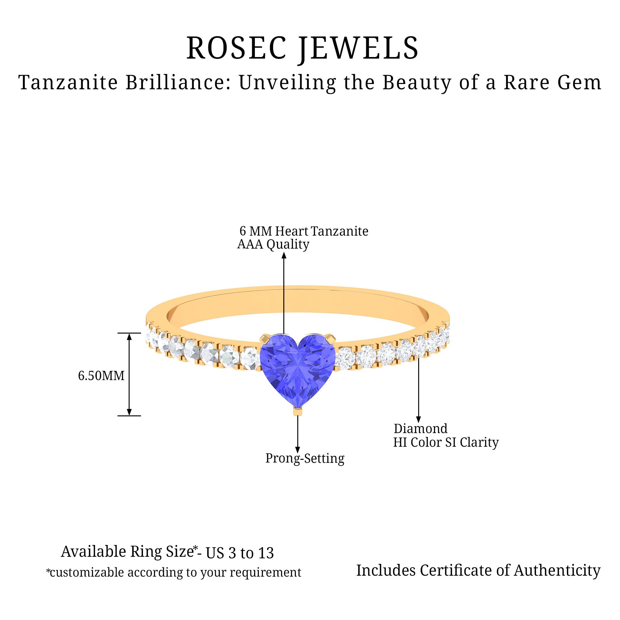 1.50 CT Heart Shaped Tanzanite Solitaire Ring with Diamond Tanzanite - ( AAA ) - Quality - Rosec Jewels