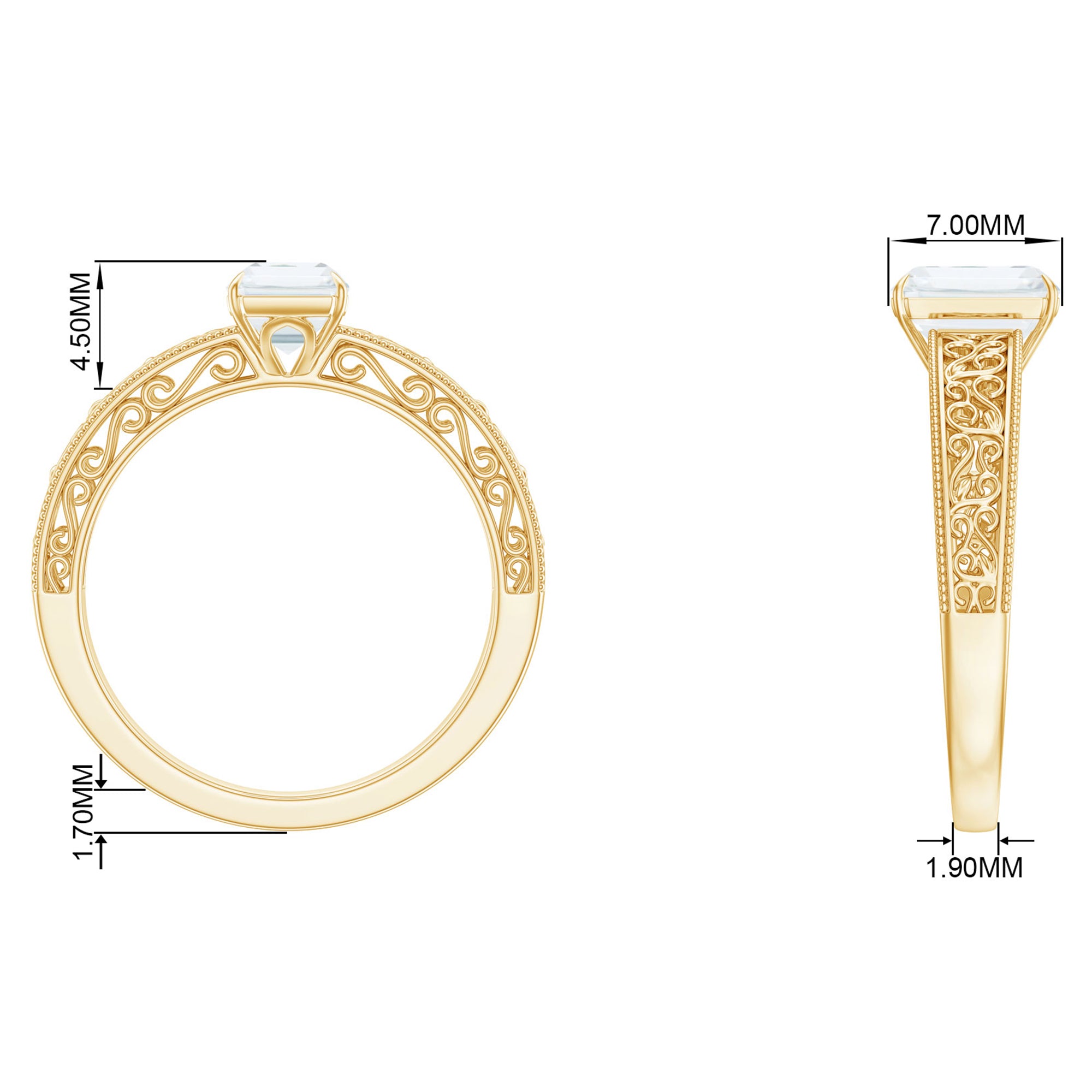 Octagon Cut Solitaire Moissanite Filigree Gold Engagement Ring Moissanite - ( D-VS1 ) - Color and Clarity - Rosec Jewels