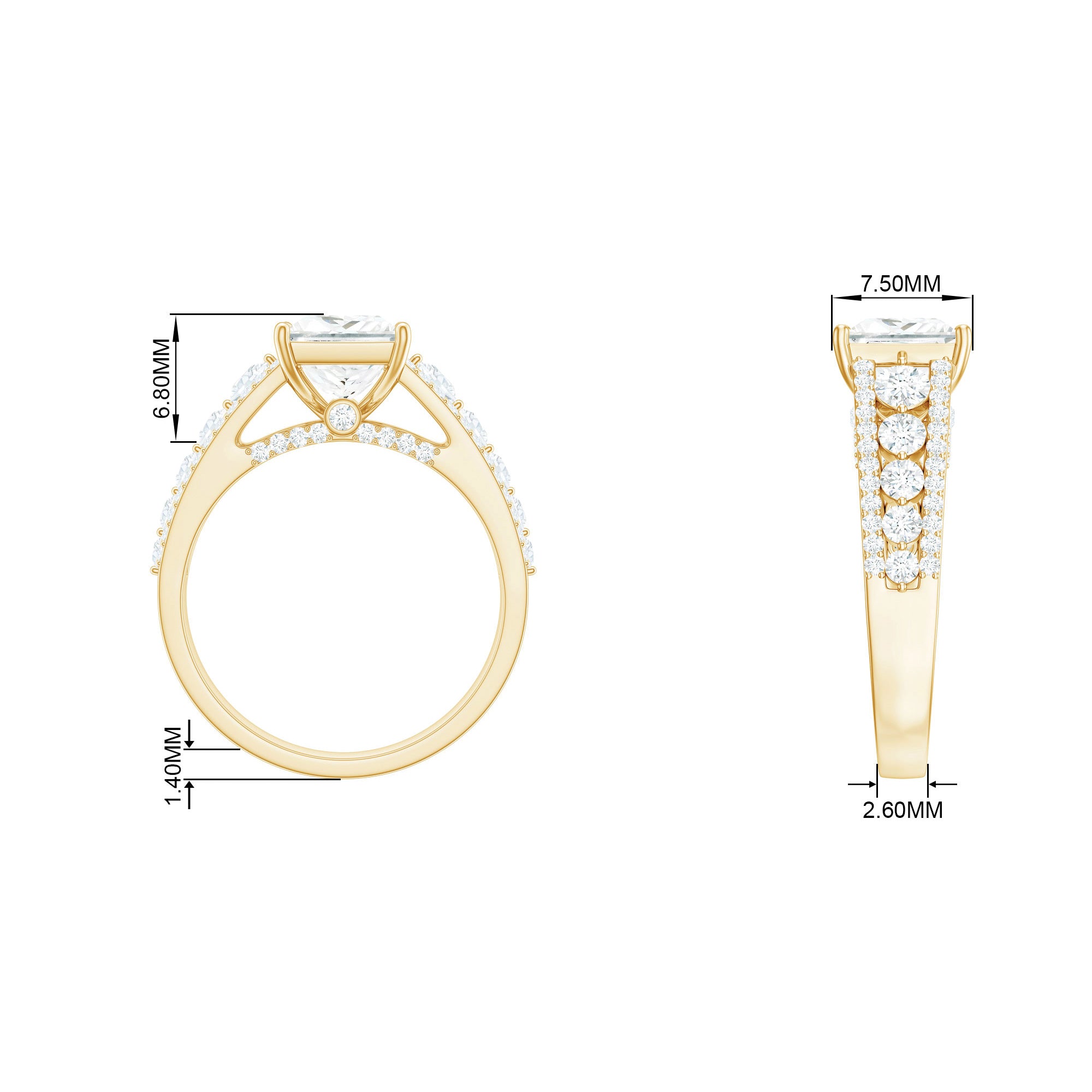 Princess Cut Moissanite Gold Solitaire Engagement Ring with Side Stones Moissanite - ( D-VS1 ) - Color and Clarity - Rosec Jewels