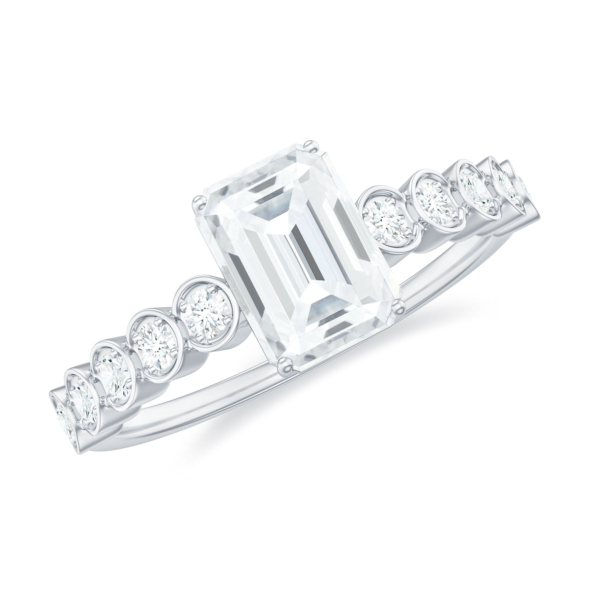 Emerald Cut Moissanite Solitaire Ring with Side Stones Moissanite - ( D-VS1 ) - Color and Clarity - Rosec Jewels