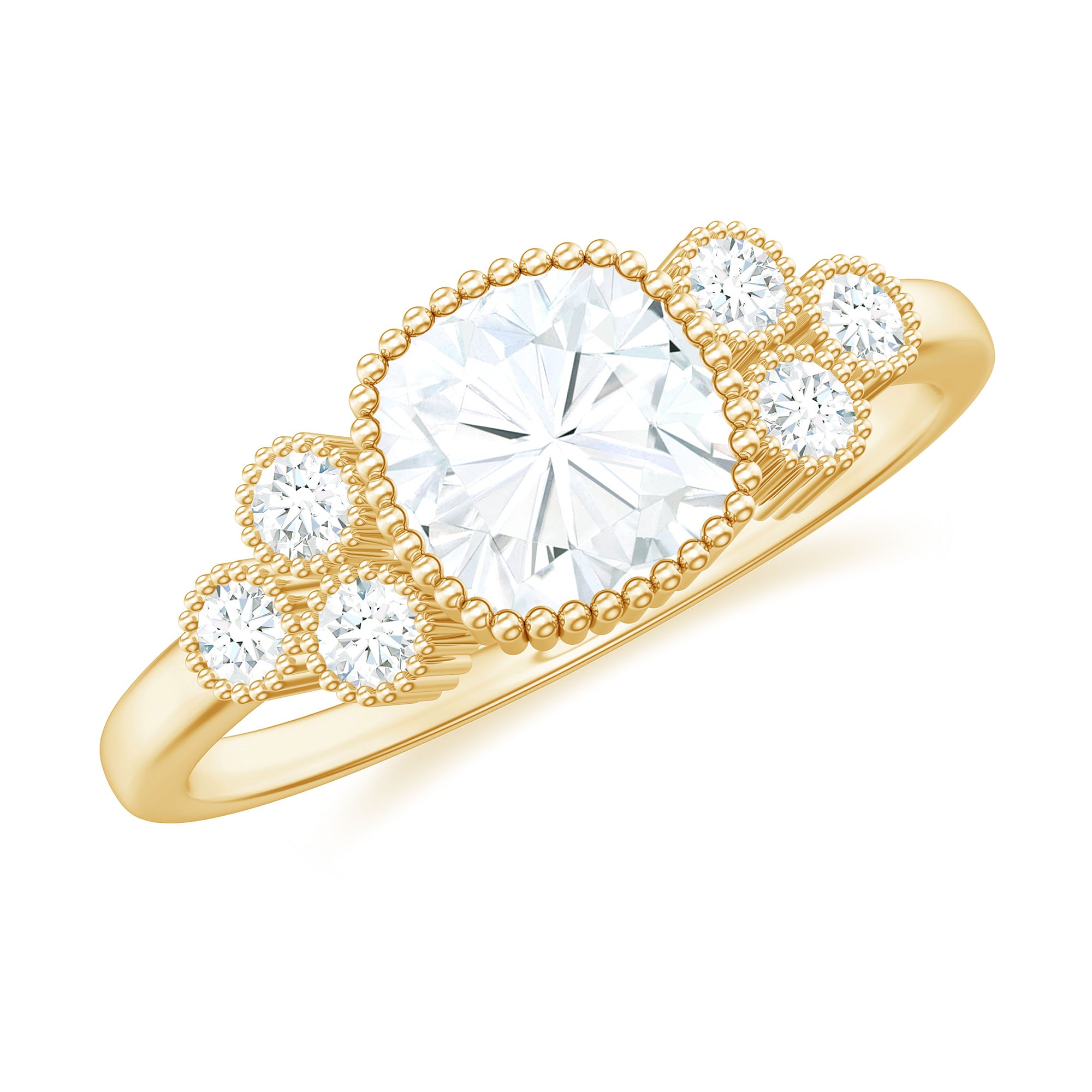 Cushion and Round Cut Moissanite Designer Ring in Gold Moissanite - ( D-VS1 ) - Color and Clarity - Rosec Jewels