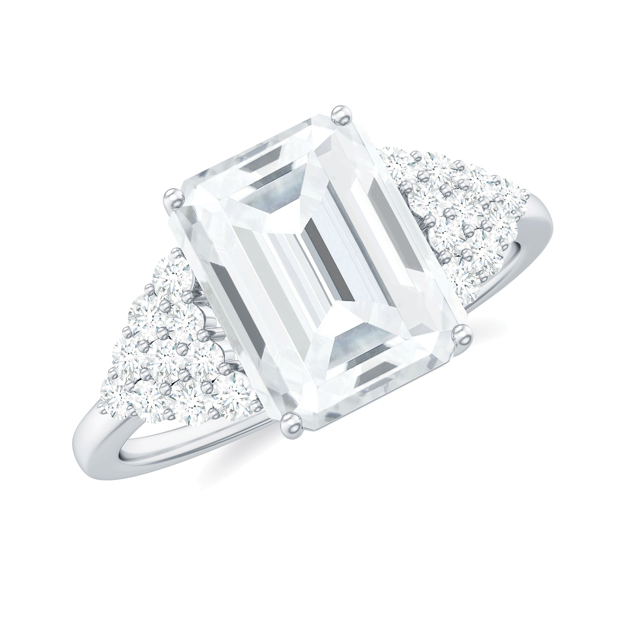 Certified Moissanite Solitaire Emerald Cut Engagement Ring with Side Stones Moissanite - ( D-VS1 ) - Color and Clarity - Rosec Jewels