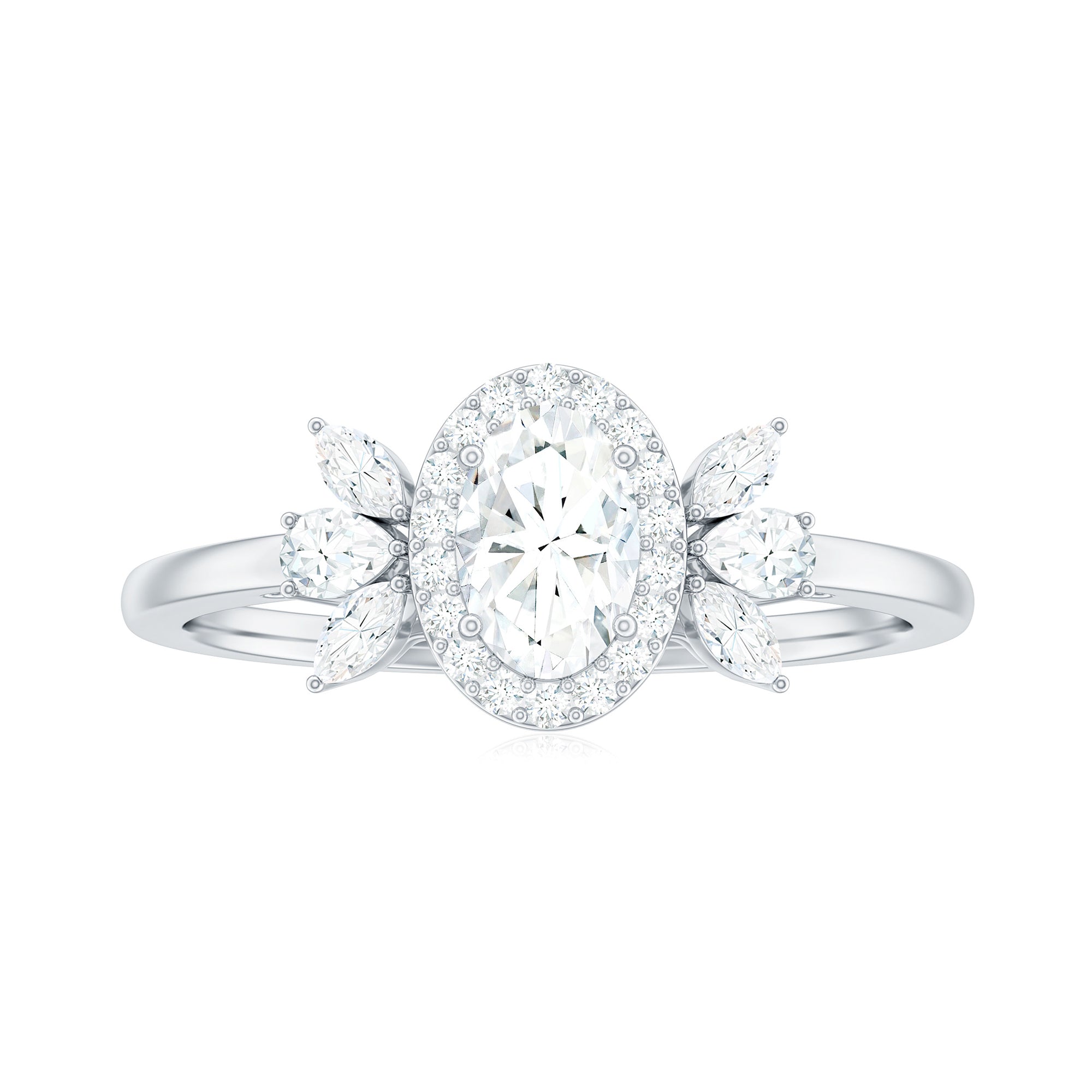 Oval Moissanite Cluster Engagement Ring with Halo Moissanite - ( D-VS1 ) - Color and Clarity - Rosec Jewels